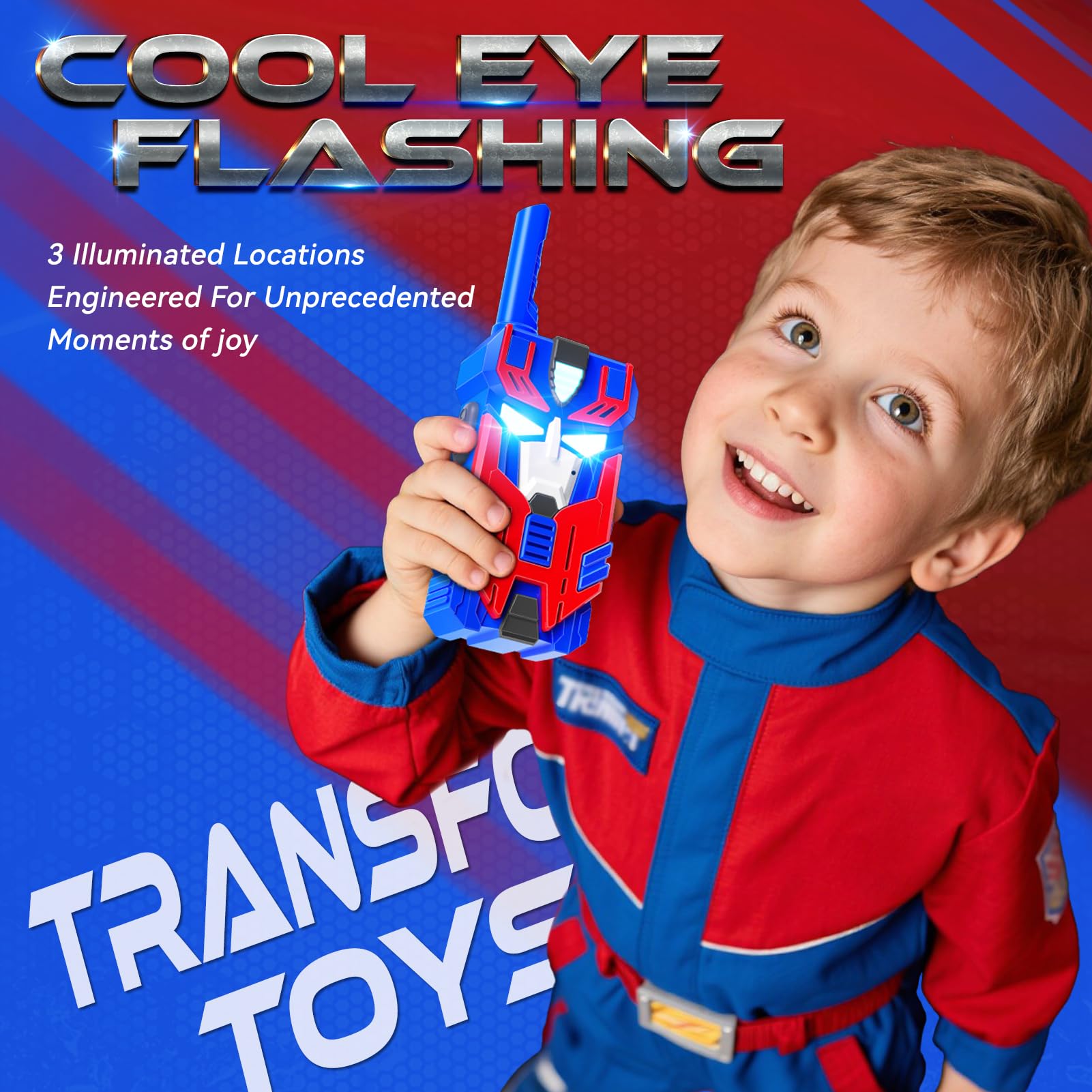 Transform Toys Walkie Talkies para niños, paquete de 2 robot líder azul, rango de 2500 pies, luces de ojos geniales para 3, 4, 5, 6, 7, 8, 9, 10 años, juguetes de campamento al aire libre, regalos de 3