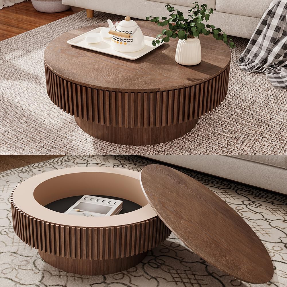 31.5'' Round Coffee Table with Storage for Living Room Circle Coffee Table Mid Century Modern Fluted Coffee Tables with Pedestal Center Tables Accent Tea Table for Apartment, Walnut