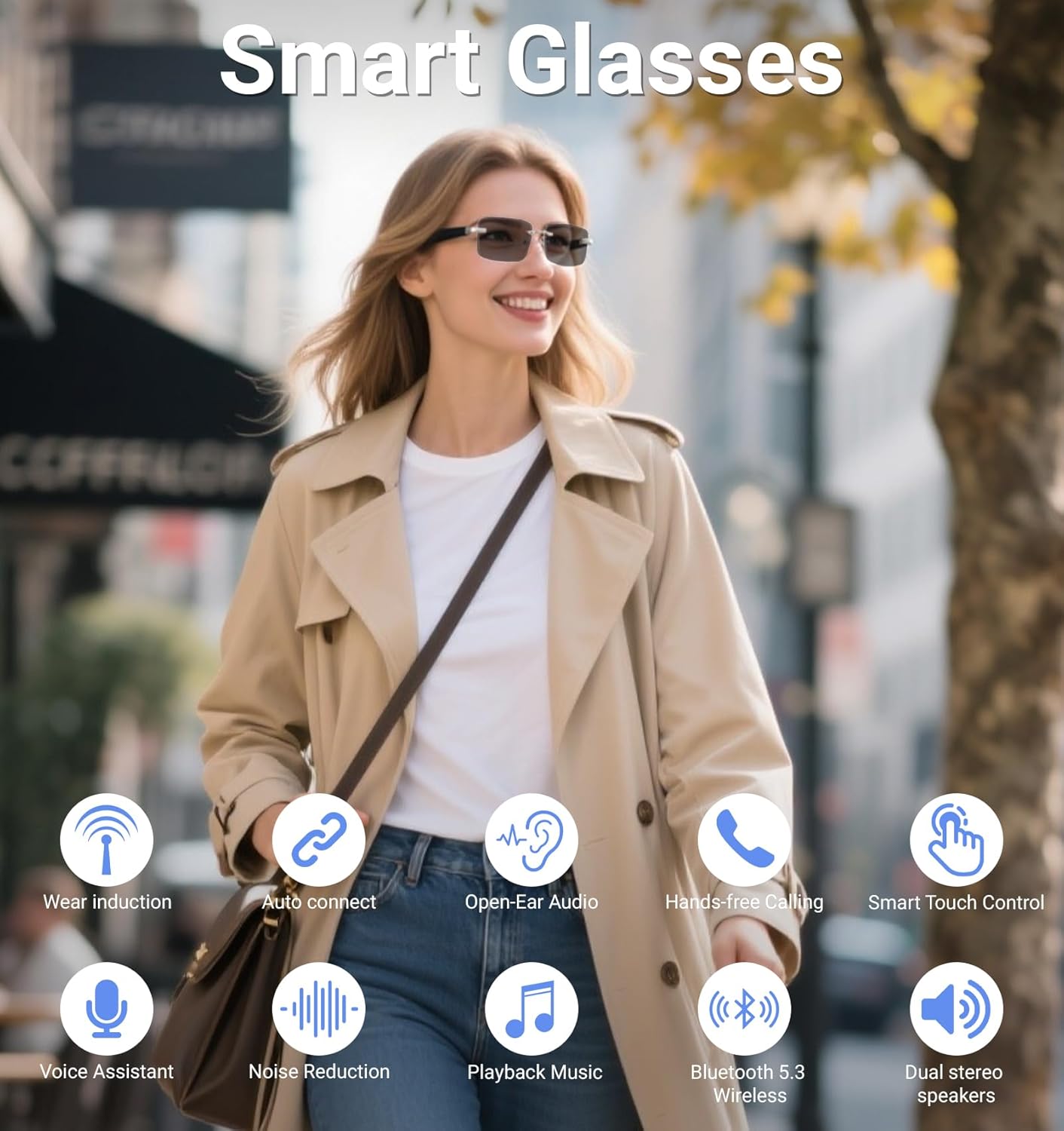 Smart Glasses,Rimless Photochromic Bluetooth Glasses with Speaker&Open-Ear HD Sound Mic- UV400 Protection, Voice Control & Hands-Free Calls,Unisex Safety Sunglasses for Music/Driving
