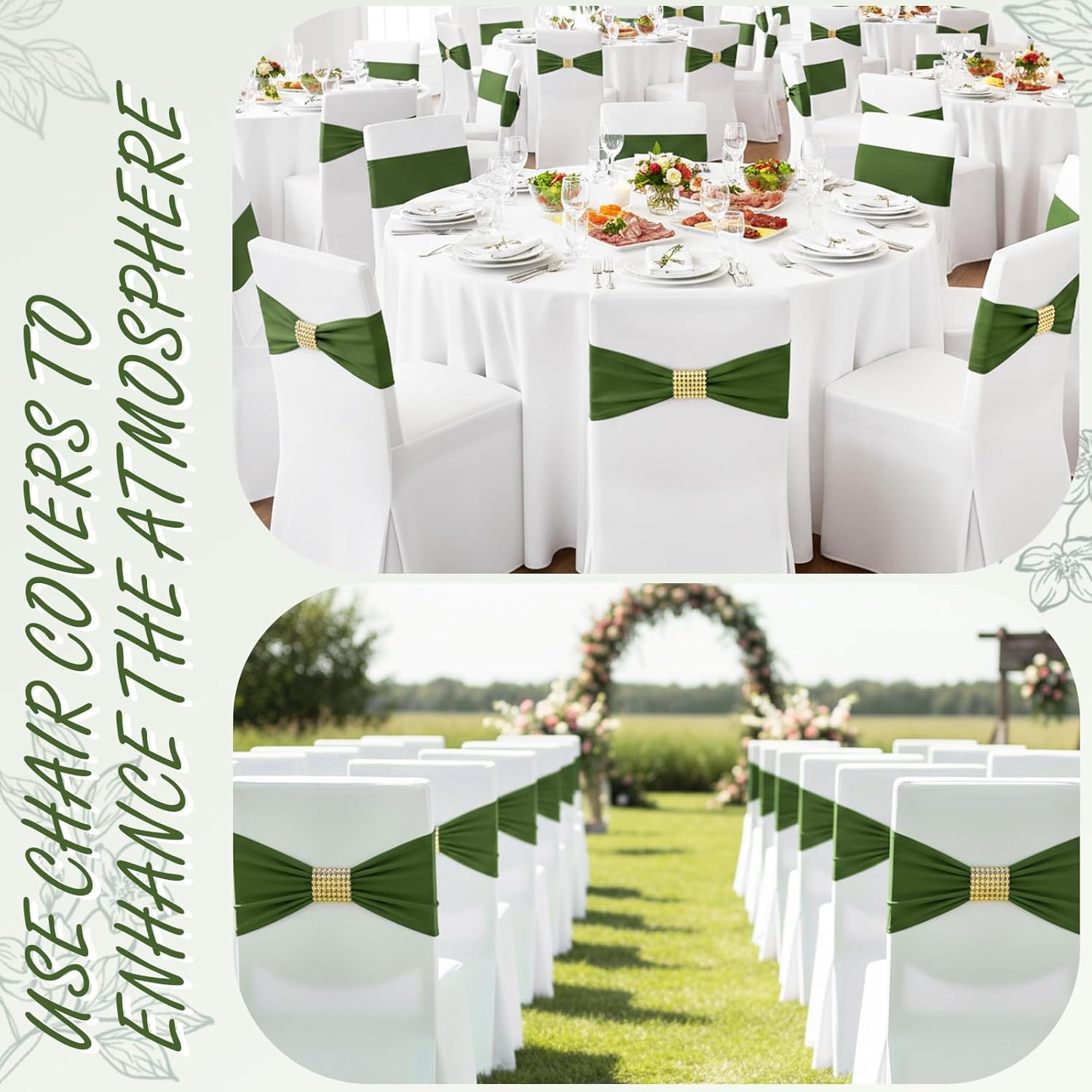 Moukeren 50 pcs Spandex Chair Sashes Bows Stretch Chair Covers Bands with Slider Buckles Universal Elastic Seat Ribbons for Wedding Party Events Ceremony Birthday Banquet(Olive Green)