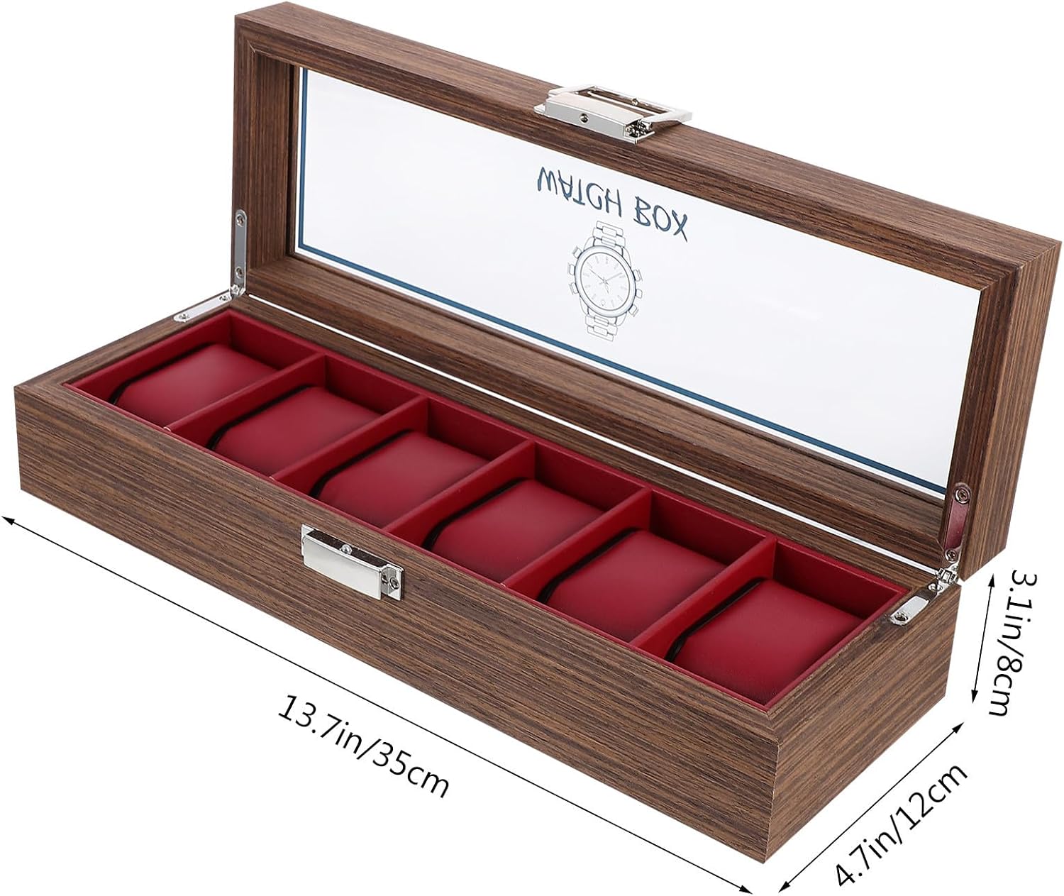Wooden Watch Display Case with 6 Slots, Lockable Lid