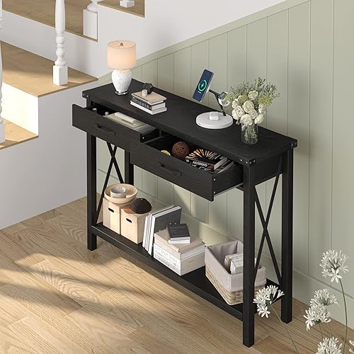 Miniatura 7 de Amyove Mesa consola negra con 2 cajones mesa de sofá de 2 niveles con estante de almacenamiento mesa de entrada de madera para sala de estar Kichen