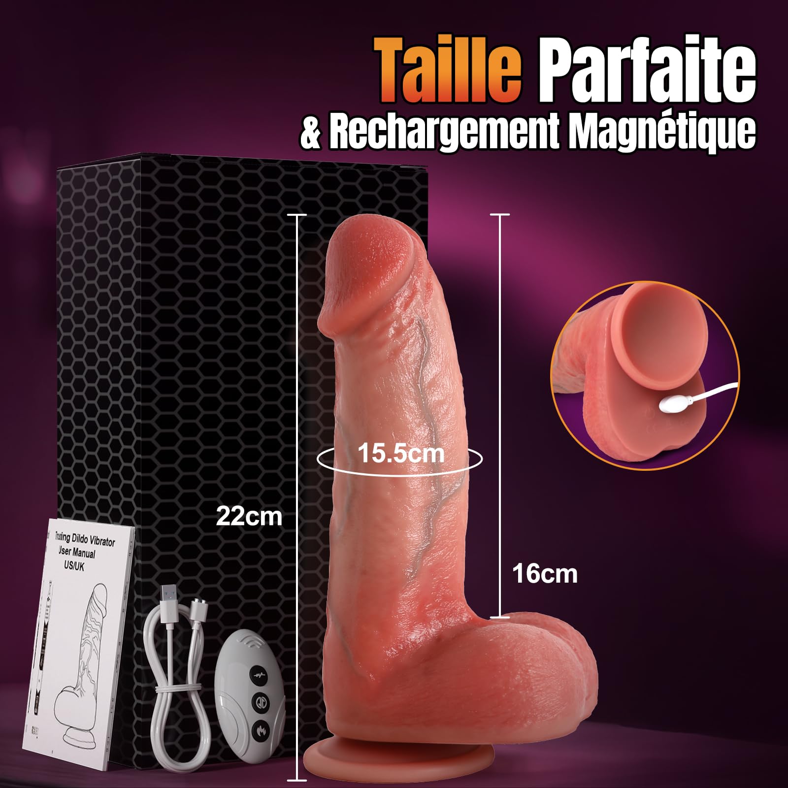 Gode sex toýs femme - 21.99 * 5.1 cm godemichets épais et réalistes Jouets pour adultes Sex Toys, 3 Poussées et 9 Vibrations, Chauffage Dildo en silicone, ventouse puissante