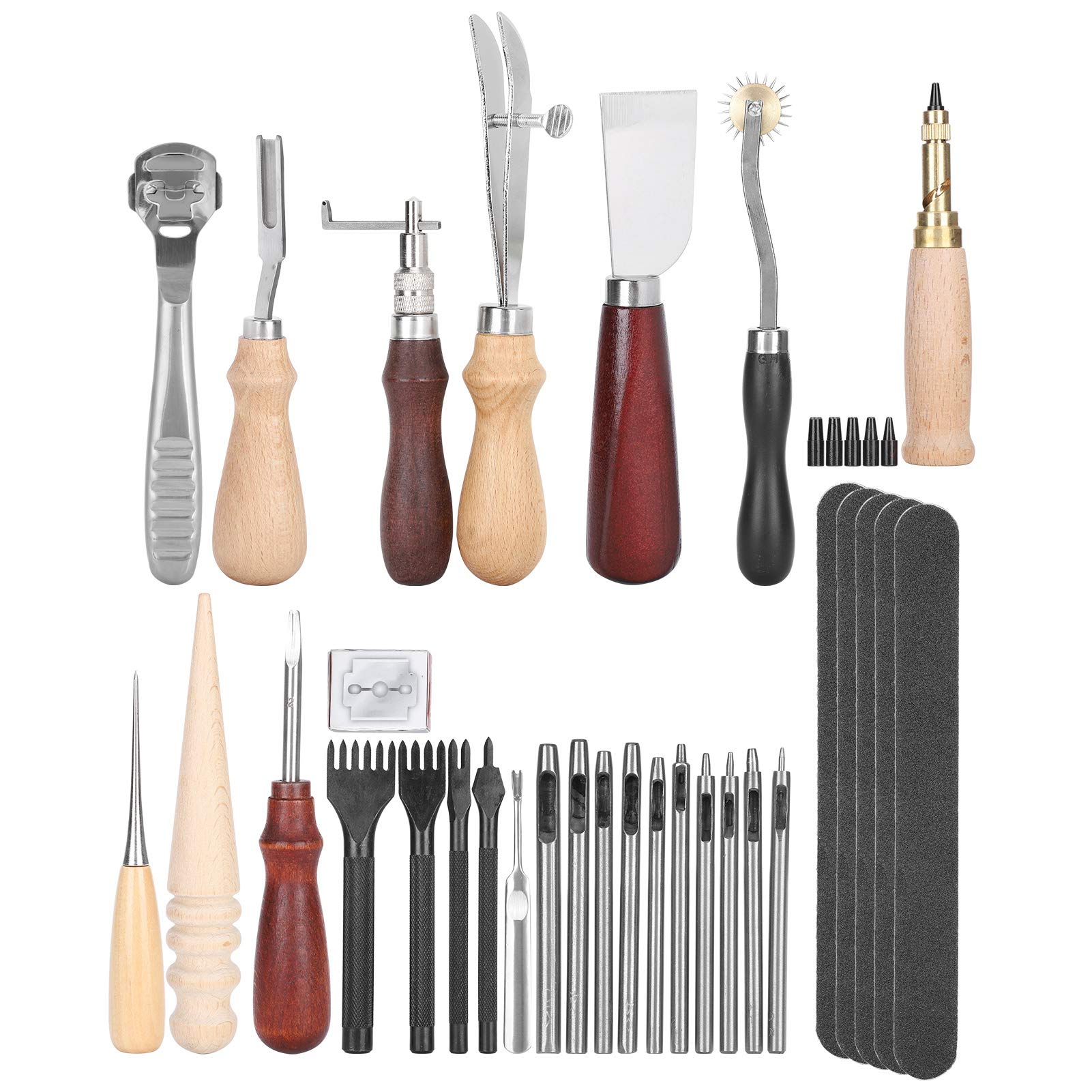 Juego de 33 herramientas de artesanía de cuero de primera calidad, kit de trabajo de cuero de grado profesional para tallar, estampar, perforar, coser, proyectos de artesan