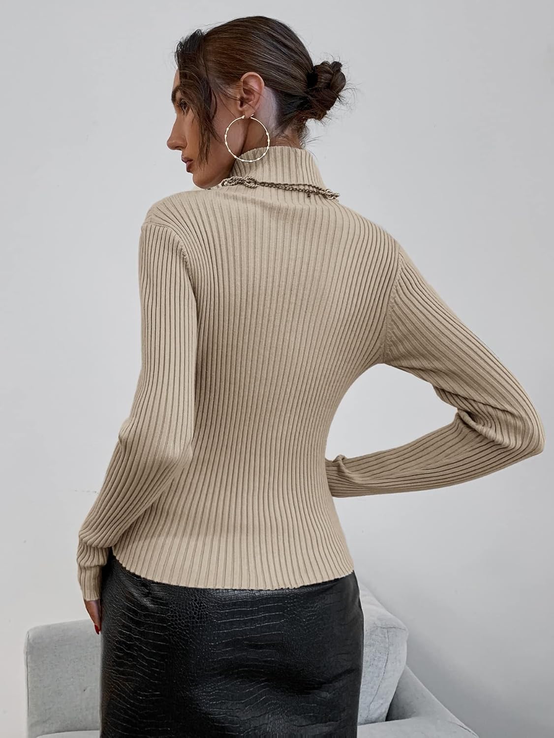 MUSUMI Women's Sweater High Neck Rib Knit Sweater Without Necklace Sweater for Women(Green,Medium)