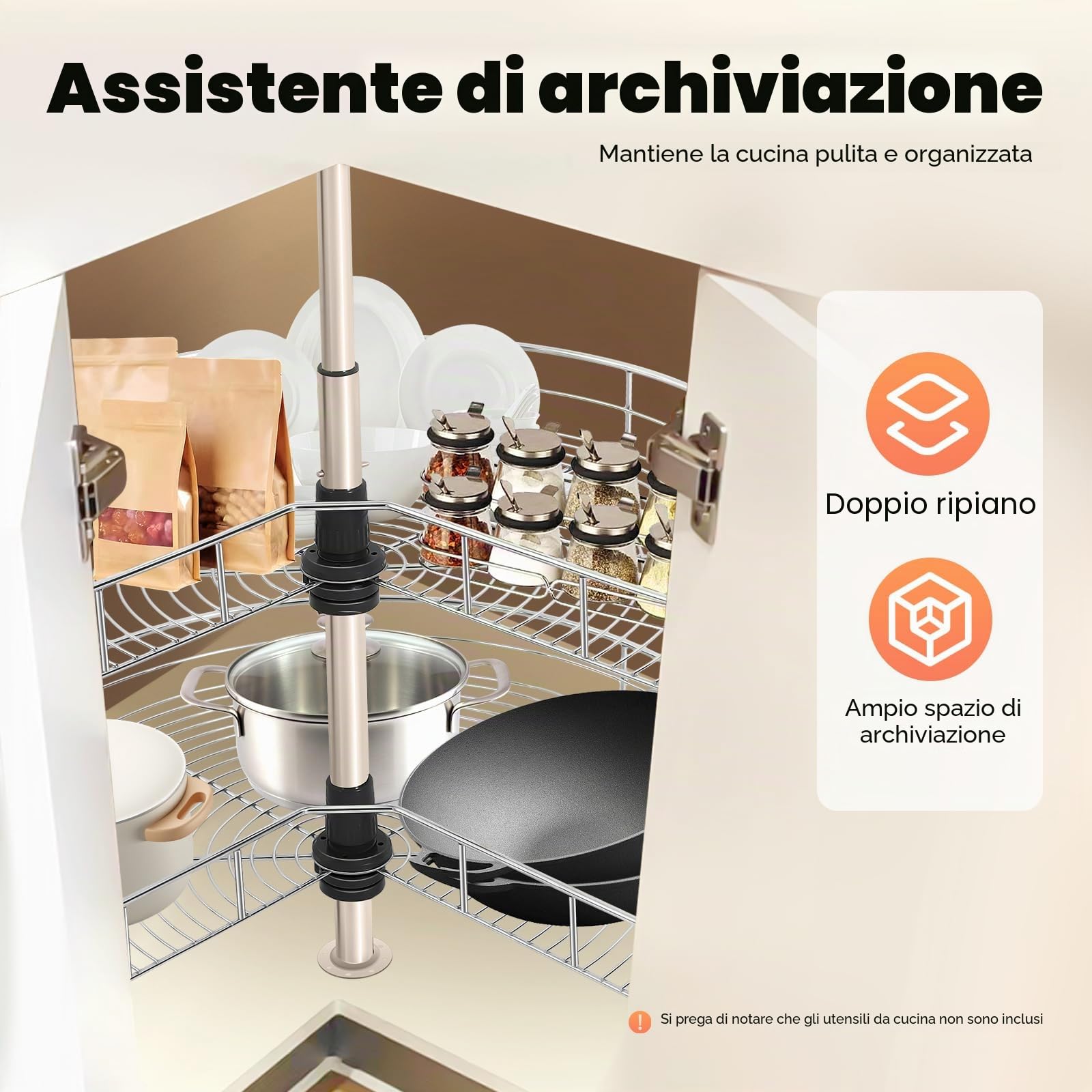 Carrello per Pentole per Armadio da Cucina, 270° Ripiano Girevole per Armadio da Cucina ad Angolo a 2 Ripiani, Cassetto per Pentole, Armadio da Cucina ad Angolo, Larghezza 71cm