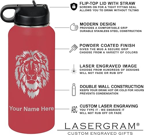 Miniatura 3 de LaserGram Botella de agua de doble pared abatible de 32 onzas con pajilla, gato con mariposa, grabado personalizado incluido (granate)