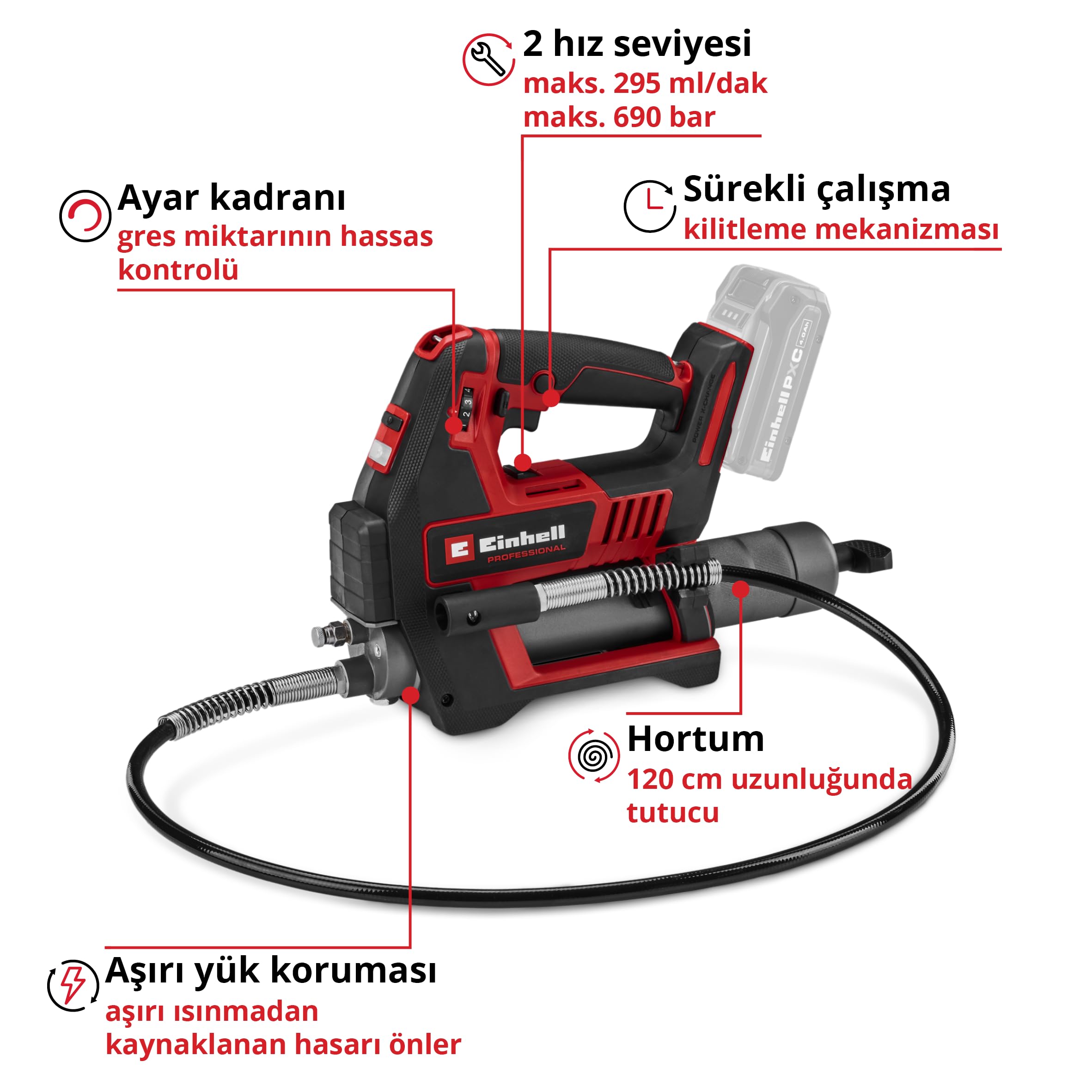 Einhell Profesjonalny bezprzewodowy pistolet do smarowania TP-GR 18/690 Li-Solo | PXC | 18 V | maks. 690 barów/10 000 PSI | maks. Moc 295 ml/min | kontrola ilości tłuszczu | 2 prędkości | bez akumulatora
