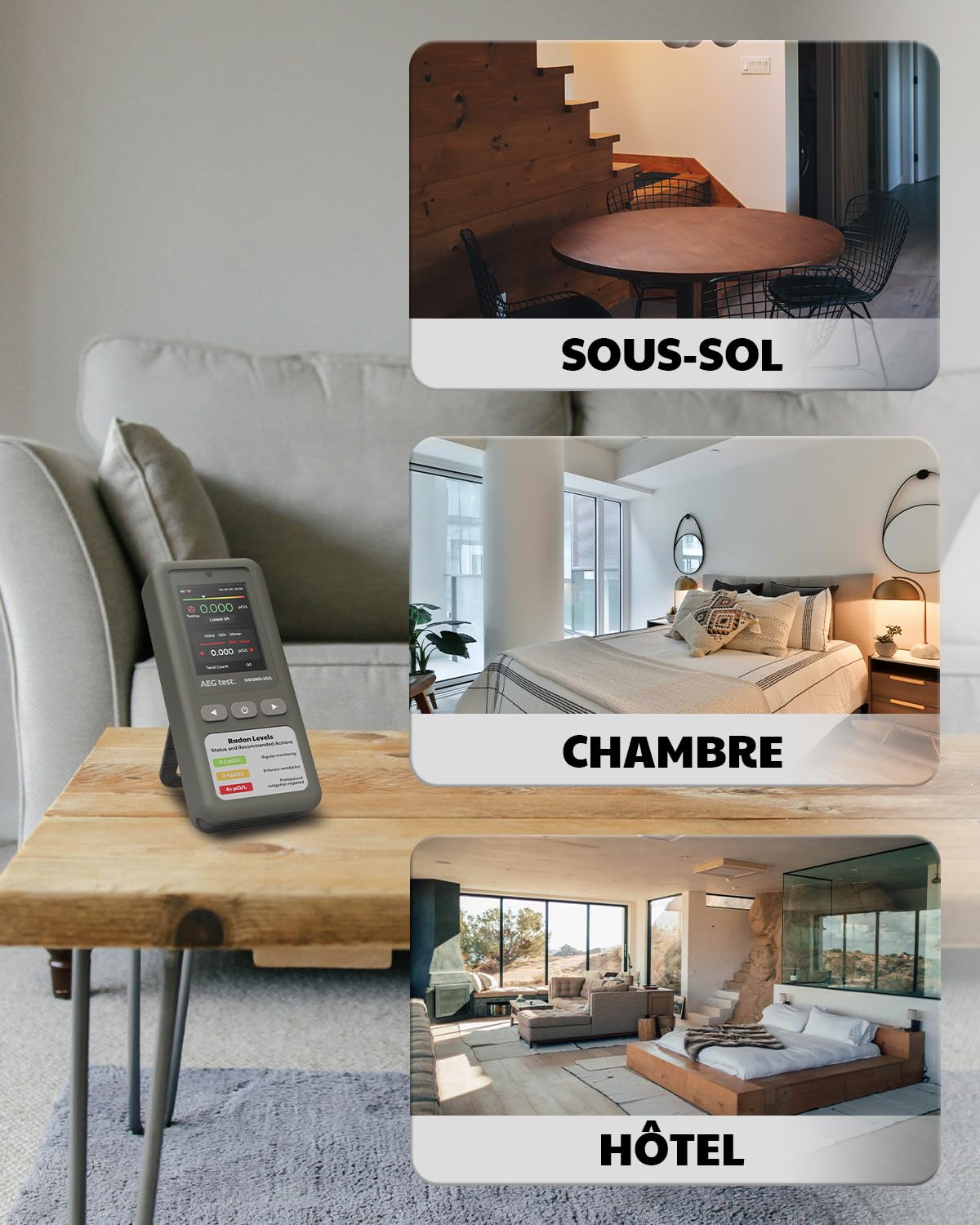 HOUND-1011 Détecteur de Radon Portable pour la Maison, léger, capteur Haute précision, 45 Jours, Facile à Utiliser, mesures Court et Long Terme en pCi/L ou Bq/m³, pour sous-Sol – Gris