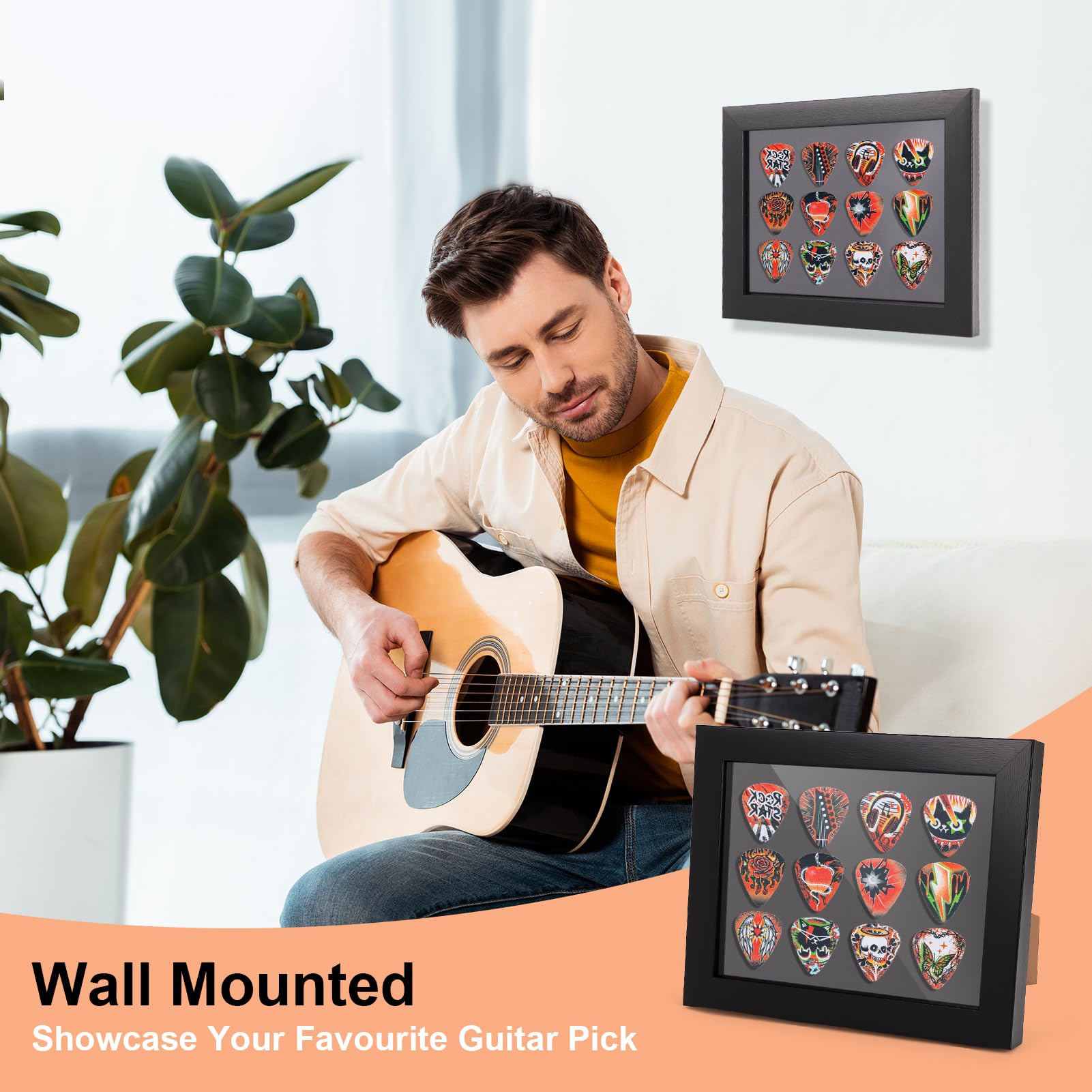 Guitar Display Frame and Case, Pick Inlay Slots, Desktop and Wall Mountable, Gifts for Guitar Players and Musicians 17x21cm - Image 2