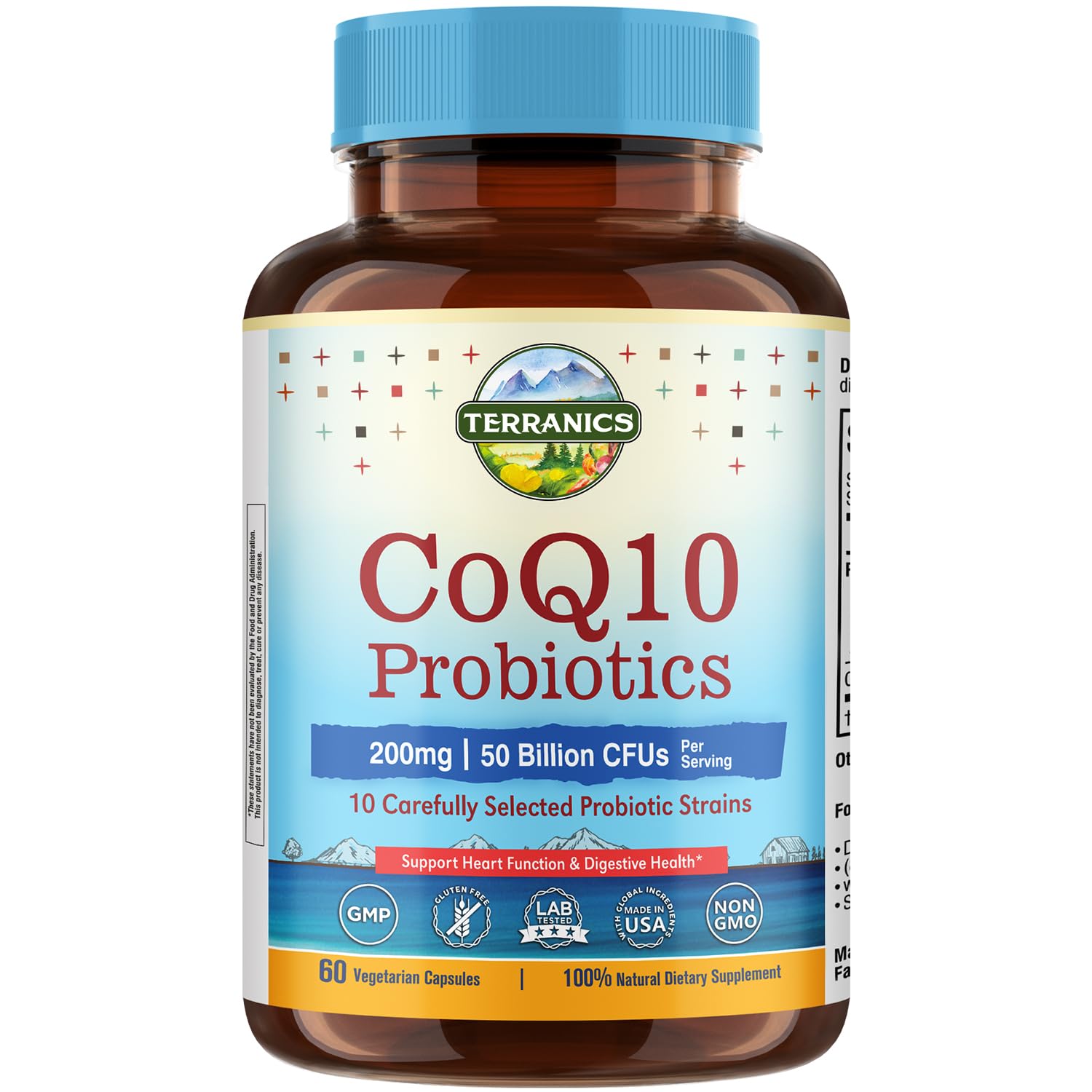 Terranics CoQ10 200mg, Probiotics for Women & Men, Coenzyme Q10, 50 Billion CFUs 10 Probiotic Strains, for Energy Heart & Digestive Health, 60 Vegetarian Capsules