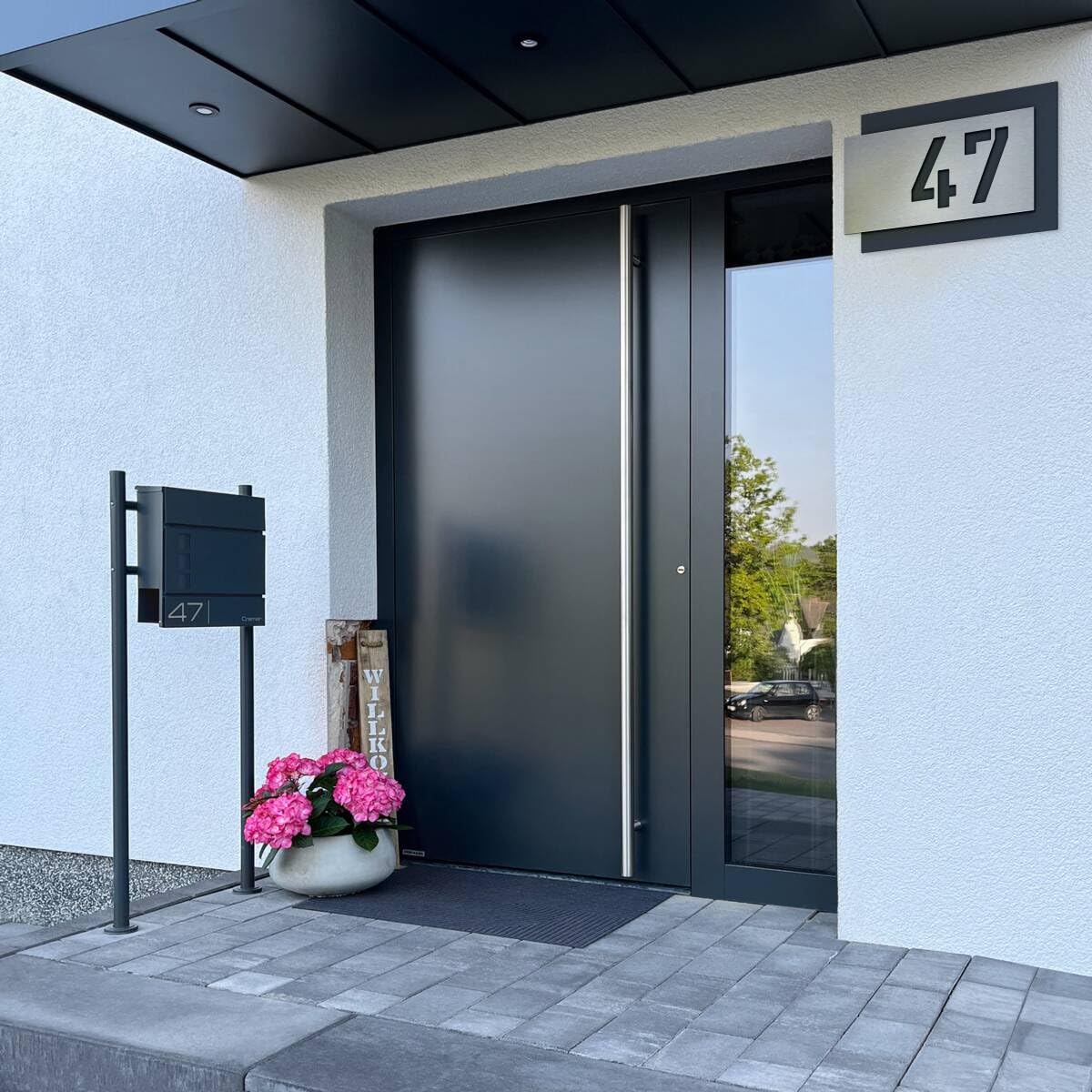 Metzler número de casa en acero inoxidable, placa personalizada en antracita, cartel con número, acero V2A, resistente a arañazos, efecto 3D, Made in Germany, tamaño: 600 x 400 mm
