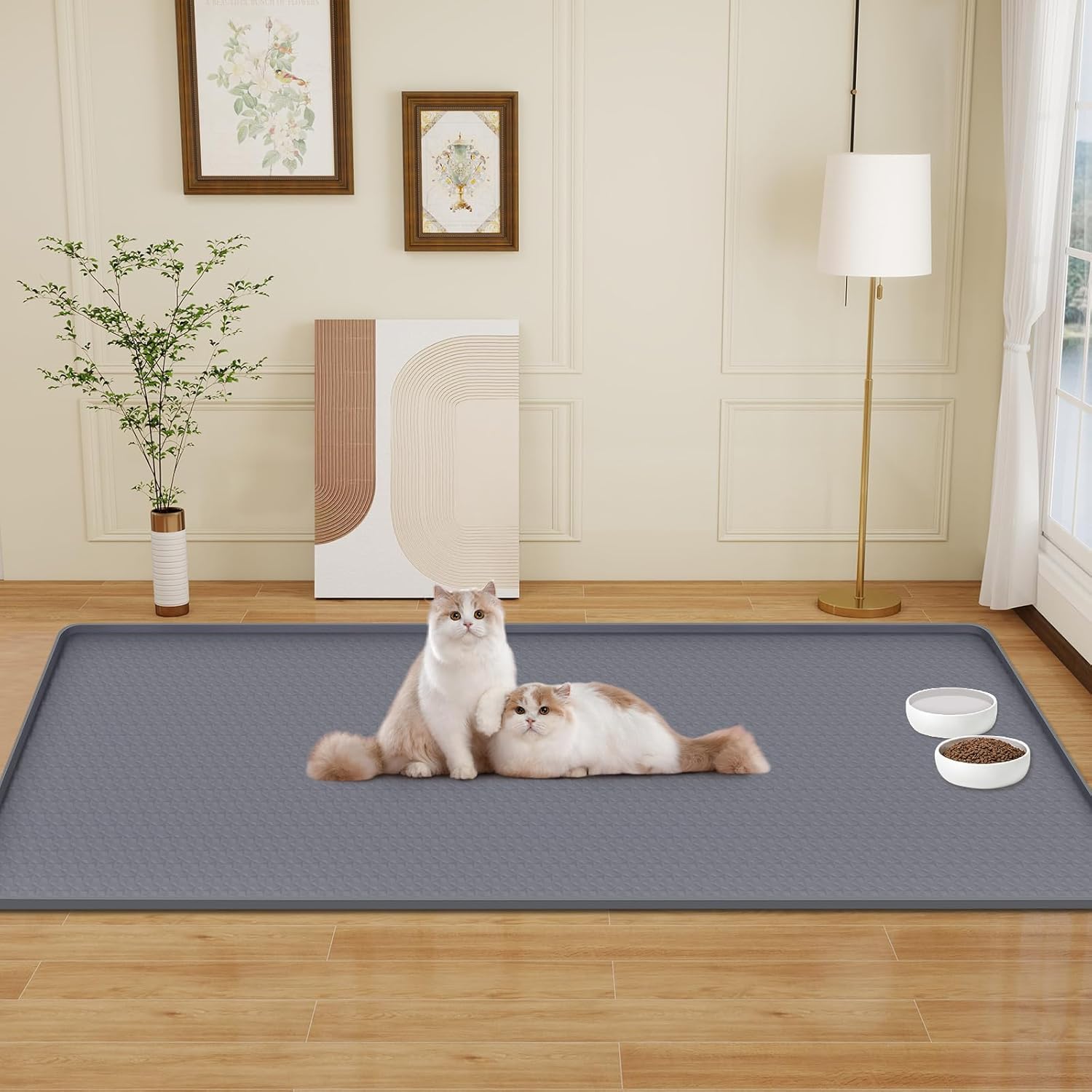 Cat Food Mat, 51" x 25.6" Extra Large Silicone Pet Feeding Mat with Raised Edge Pet Placemat for Food and Water Bowl Non-Slip, Easy to Clean, Floor Protection (Dark Grey)