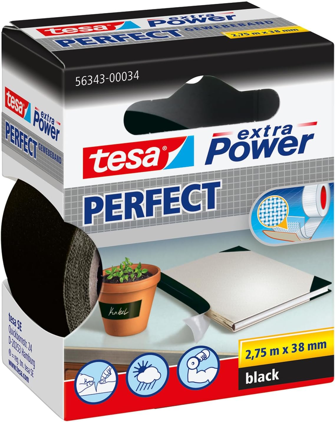 tesa UK Extra Power Multi-Purpose Cloth Tape, 2.75 m x 38 mm - Black