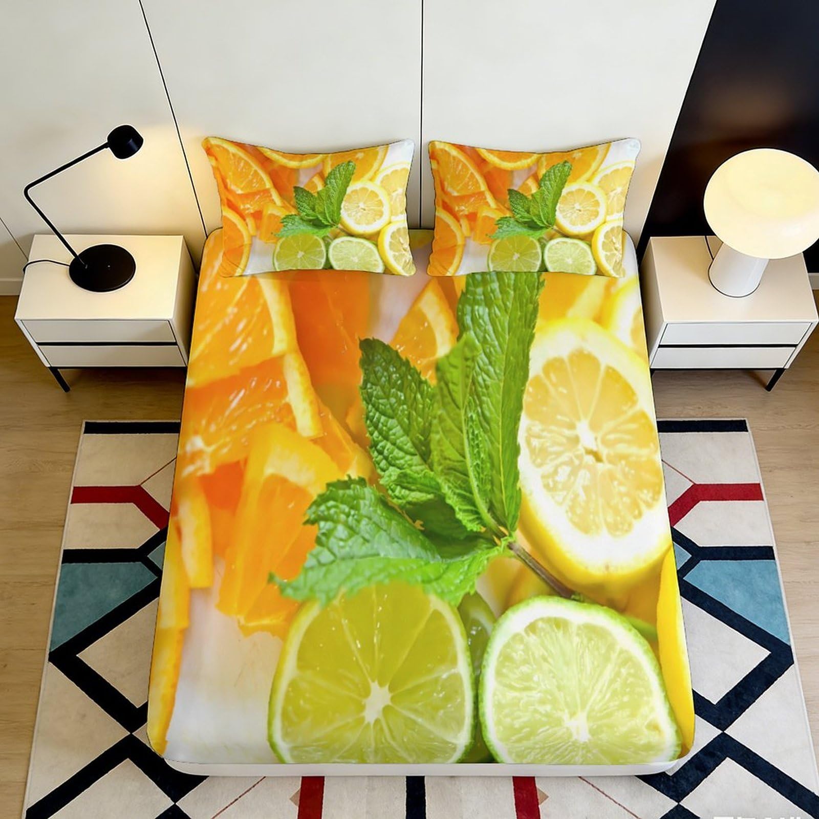 3D Printed Citrus Lemon Orange Fitted Sheet Microfiber Anti-Slip Bed Cover for Bedroom Guest Room Machine Washable 140x200x25cm