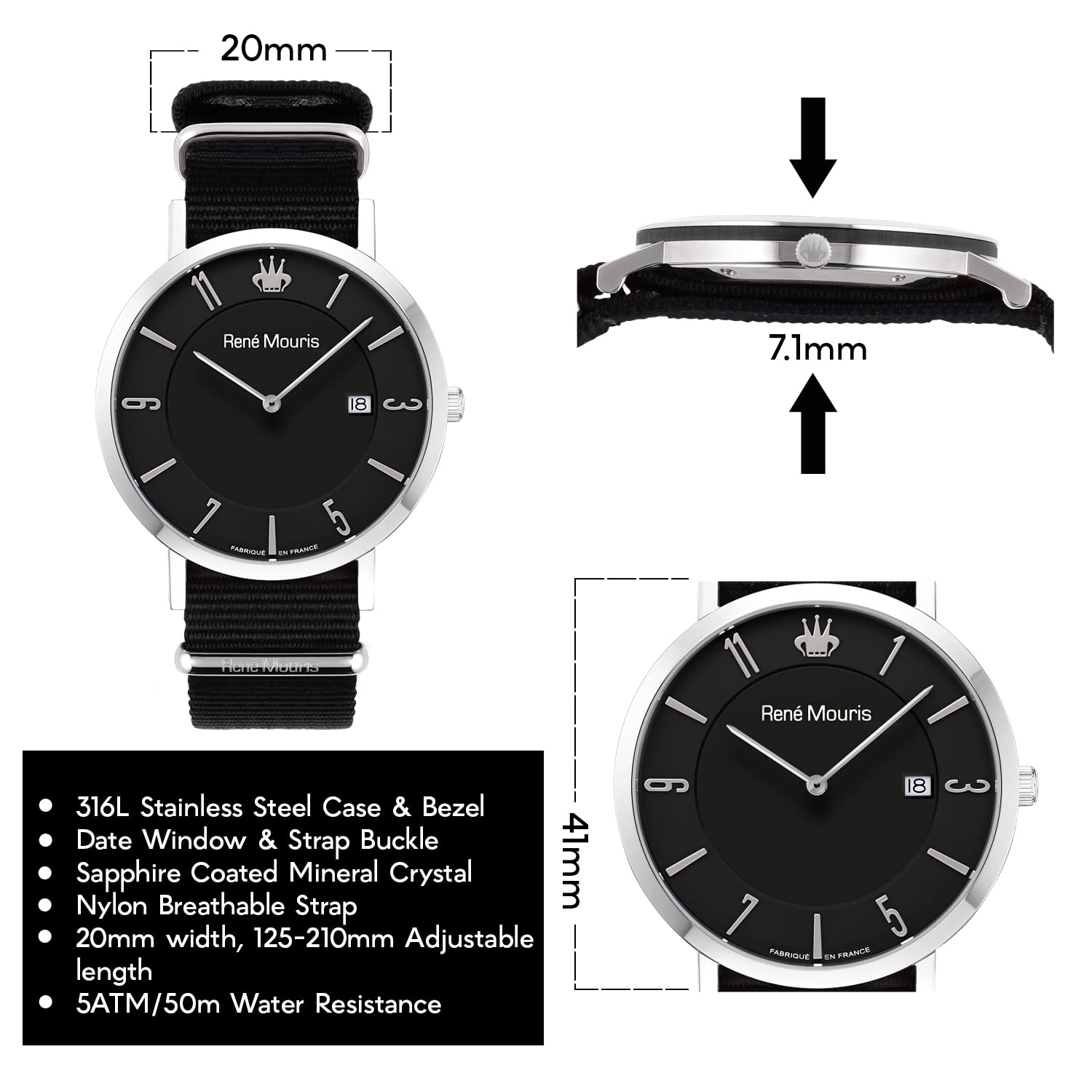 René Mouris L'Emporter Quarzuhren Für Herren – 41MM Klassische Uhr Aus 316L Edelstahl – Mineralglas Mit Saphirbeschichtung – 50M wasserdichte Armbanduhr Mit Nylonarmband.