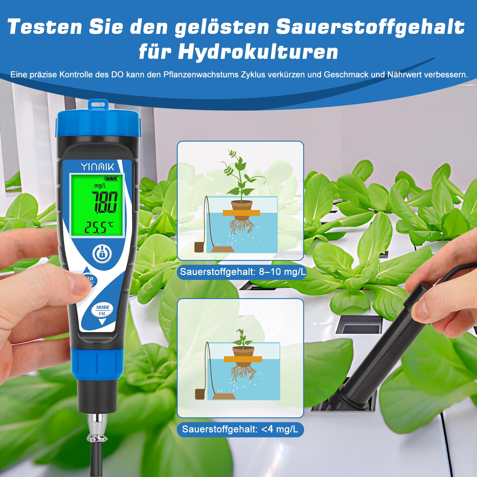 YINMIK Sauerstoff Messgerät Wasser, Digitaler Gelösten Sauerstoff Tester, Pool Sauerstoffmessgerät, Aquarium Sauerstoff Testkit mit 3 m DO-Sonde, Tragbares Intelligentes Wasser Sauerstoffmessgerät