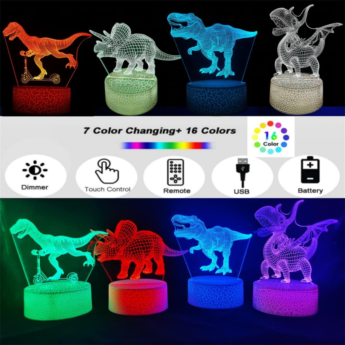 3D Hologram Dinosaur Night Light, 4 Patterns, Dimmable Remote/Smart Touch, 16 Color Changing Light, T-Rex Bedside Desk Lamp, Gift for Dinosaur Lovers