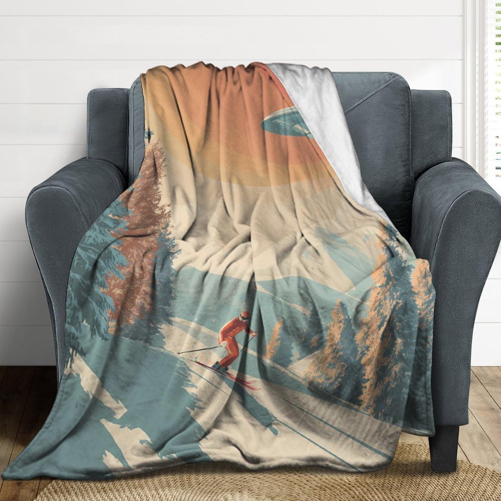 A Skier with Aliens Coperta in flanella da 250 g/m², anti-pelucchi, per letto, divano, camera da letto, ufficio