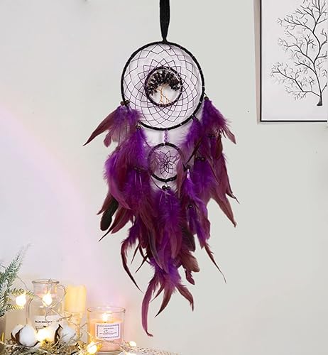 Atrapasueños morado para niñas y niños, atrapasueños para dormitorio, árbol de la vida de adultos, atrapasueños de plumas de cristal, decoración de