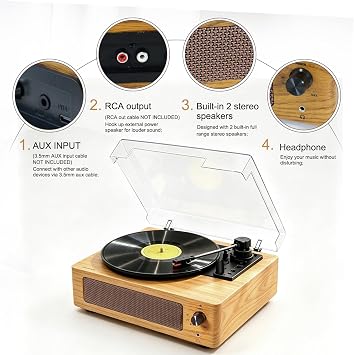 Vinyl Record Player with Stereo Built-in 2 Speaker,Vintage Phonograph Record Player, Turntables for Vinyl Records (VRP108A)