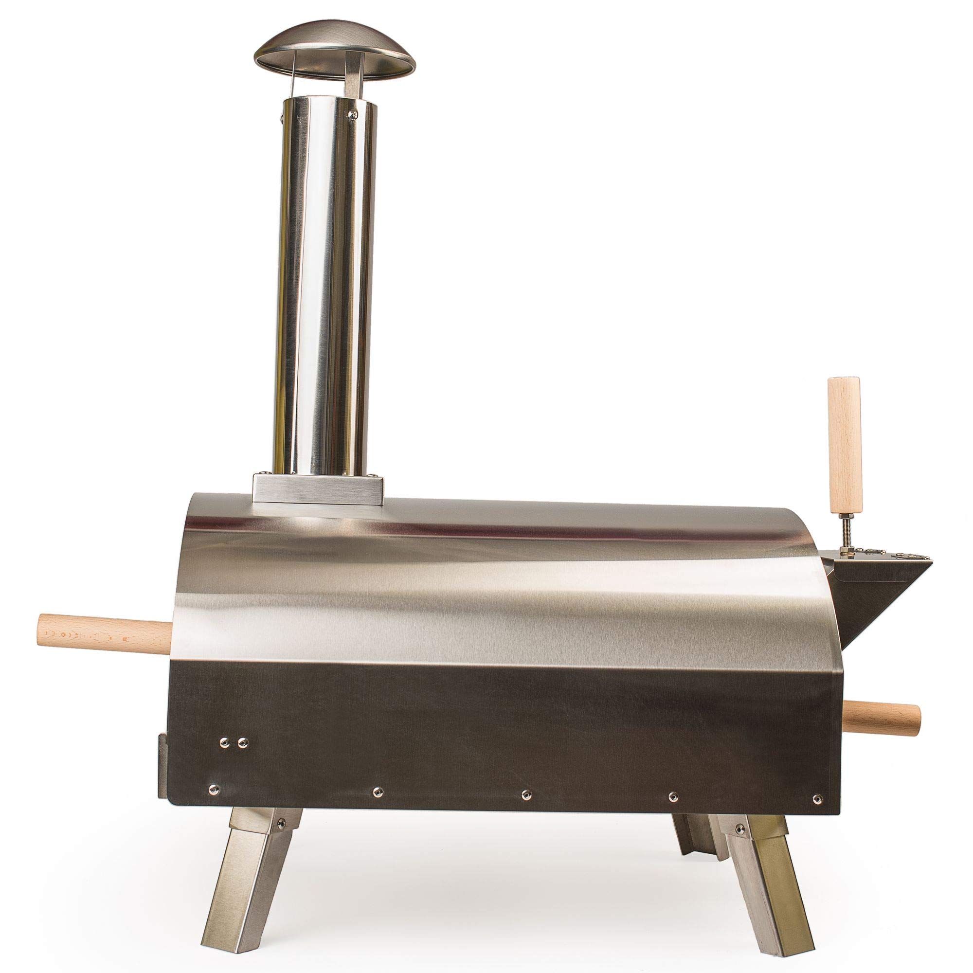 Forno da tavolo per pizza all'aperto 35cm 60 secondi di cottura a doppia parete Portatile Termometro incorporato Multi-Fuel Legno Carbone Pellet Autentiche pizze cotte su pietra 500°C Acciaio Argento