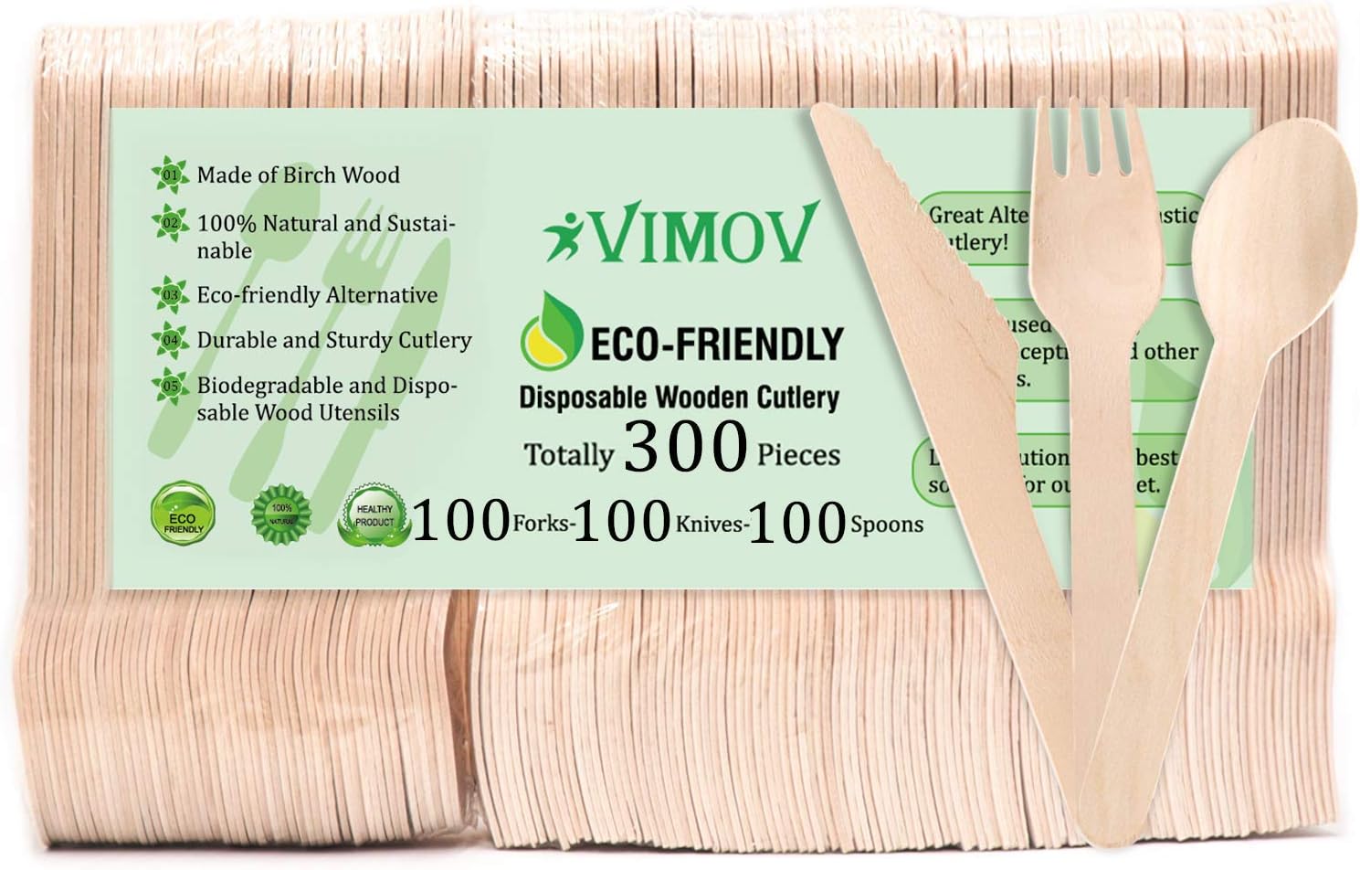 VIMOV Disposable Wooden Cutlery Set, 300 Pieces Eco-Friendly Biodegradable Utensils for Party, Camping, Picnics, BBQ, Event (100 Forks, 100 Knives, 100 Spoons)