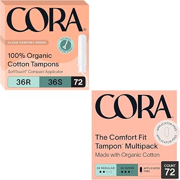 Cora Organic Feminine Care | Applicator and Non-Applicator Tampon Packs | Ultra-Absorbent, Unscented, Natural, Non-Toxic | 72 Regular, 72 Super Absorbency Tampons | Bundle Pack