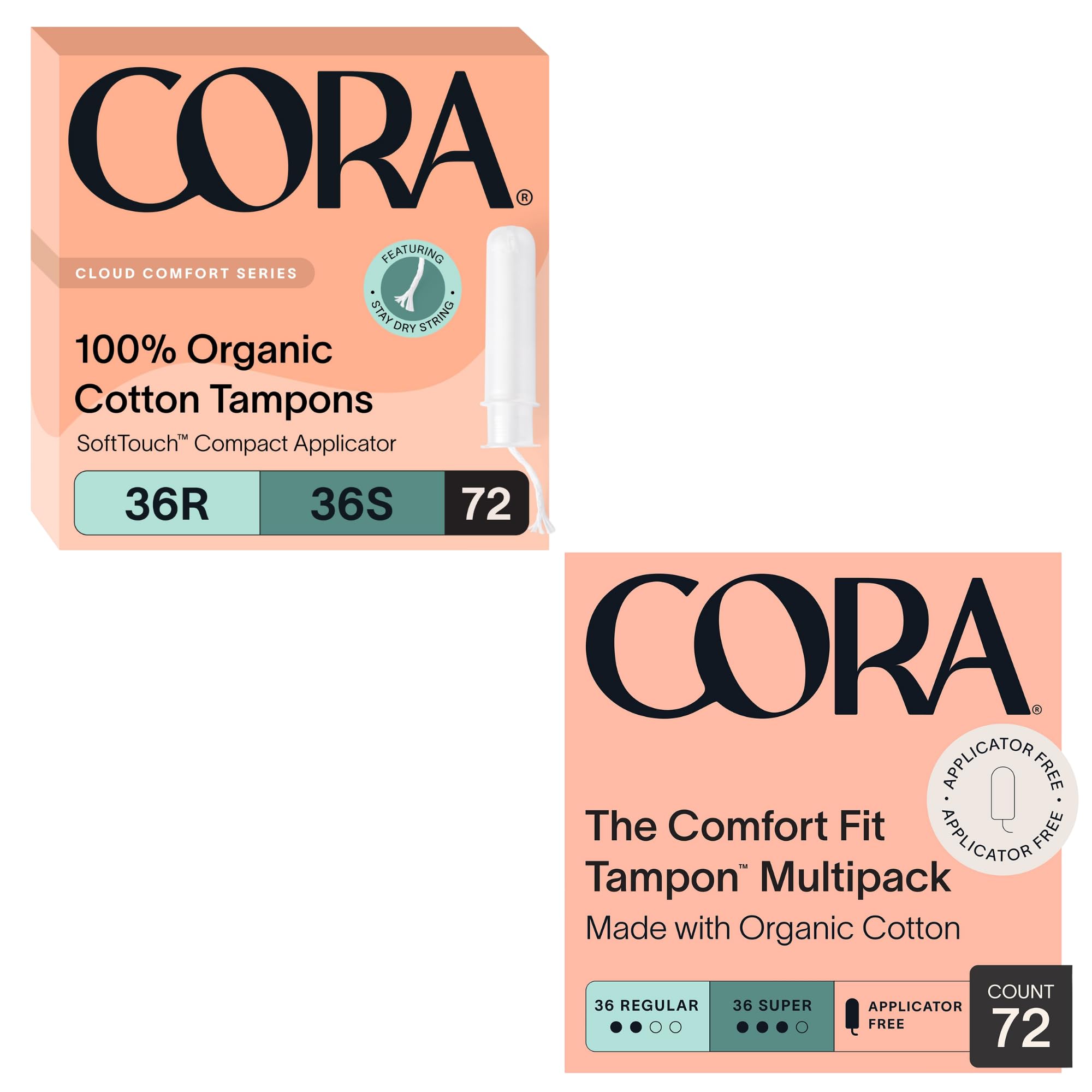 Cora Organic Feminine Care Applicator and Non-Applicator Tampon Packs Ultra-Absorbent Unscented Natural Non-Toxic 72 Regular 72 Super Absorbency