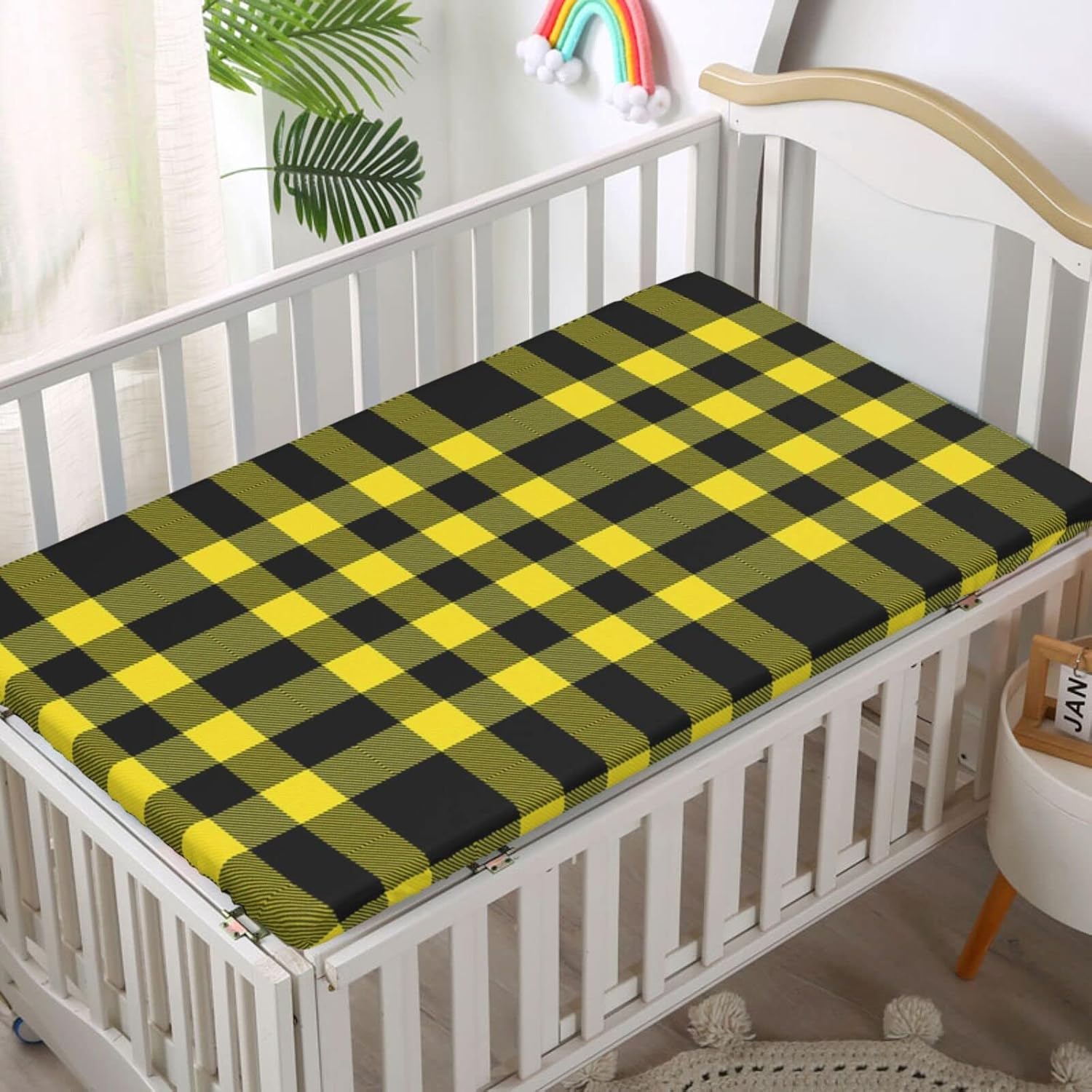 Yellow Buffalo Check Themed Fitted Crib Sheet,Standard Crib Mattress Fitted Sheet Toddler Bed Mattress Sheets - Baby Crib Sheets for Girl or Boy,28“ x52“,Black and Yellow