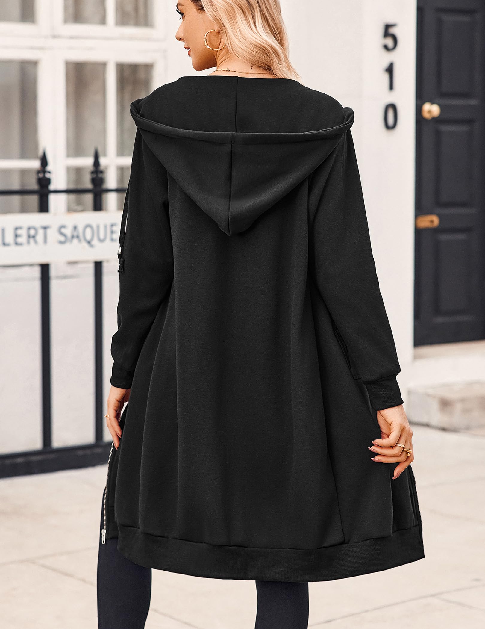 Zeagoo Felpe con cappuccio da donna con zip oversize in pile felpe a tunica lunga casual a maniche lunghe 2024 autunno giacca con cappuccio cappotto, nero, XXX-Large