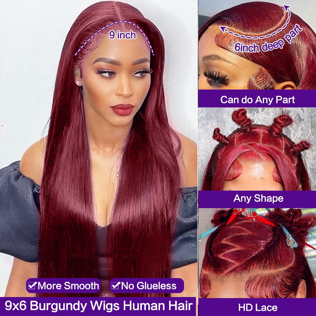 CHEETAHBEAUTY 9x6 Glueless Wigs Human Hair Pre Plucked Pre Cut 26 Inch Straight 99j Burgundy Lace Front Wigs Human Hair for Women 9x6 HD Lace Closure Wig with Elastic Drawstring 220% Density