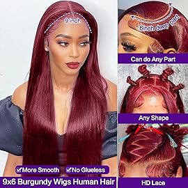 CHEETAHBEAUTY 9x6 Glueless Wigs Human Hair Pre Plucked Pre Cut 18 Inch Straight 99j Burgundy Lace Front Wigs Human Hair for Women 9x6 HD Lace Glueless Wig with Elastic Drawstring 220% Density