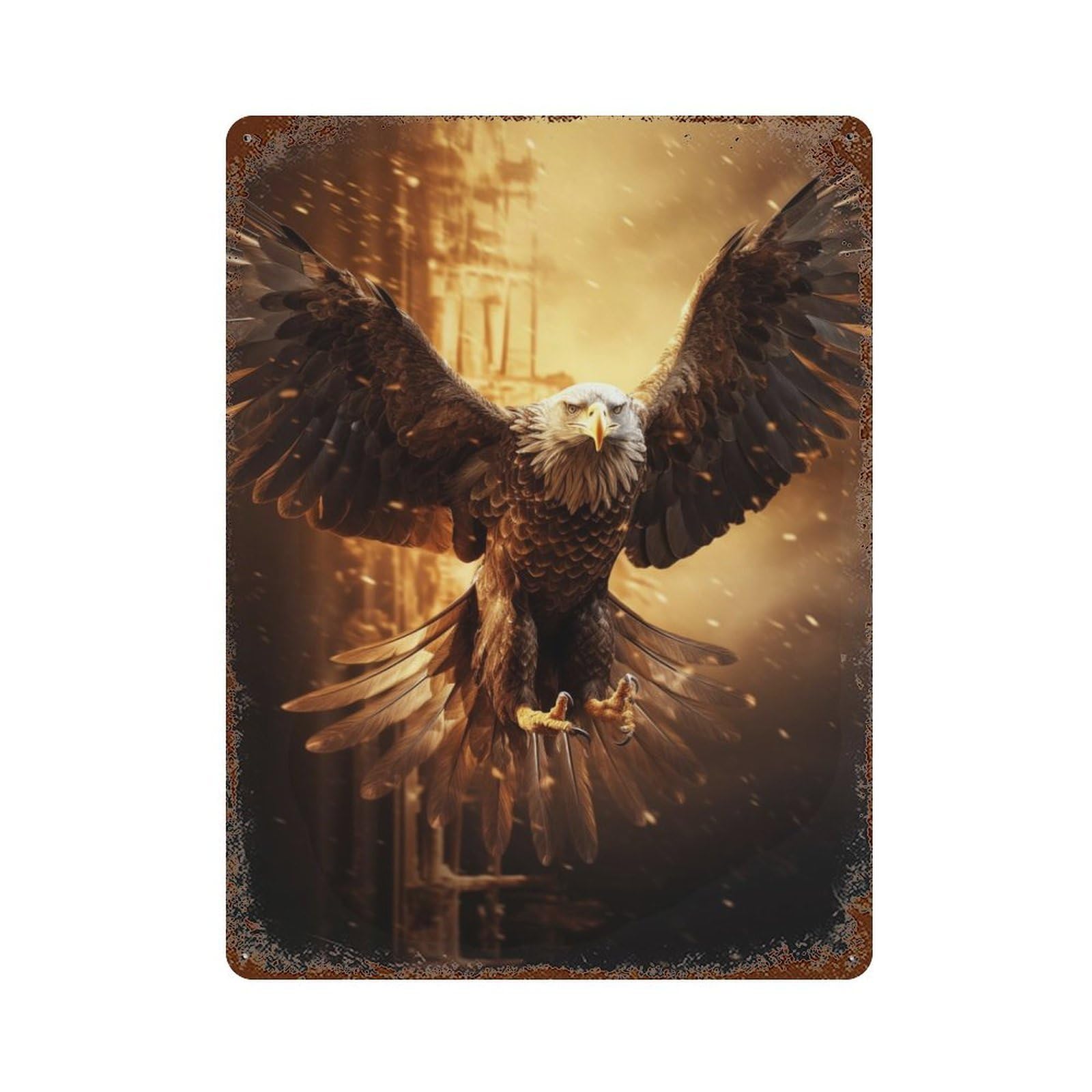 Fire Flames Bald Eagle USA 15.7"x11.8" Rustic Tin Plaque, Industrial Home Decor for Farmhouse, Kitchen And Entryway Decor