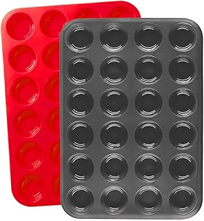 2 Pack Mini Muffin Pan, 24 Cups Silicone Cookies Cupcake Bakeware Tin Round Cupcake Tray Baking Mould Non Stick Heat-Resistant (Red + Grey)