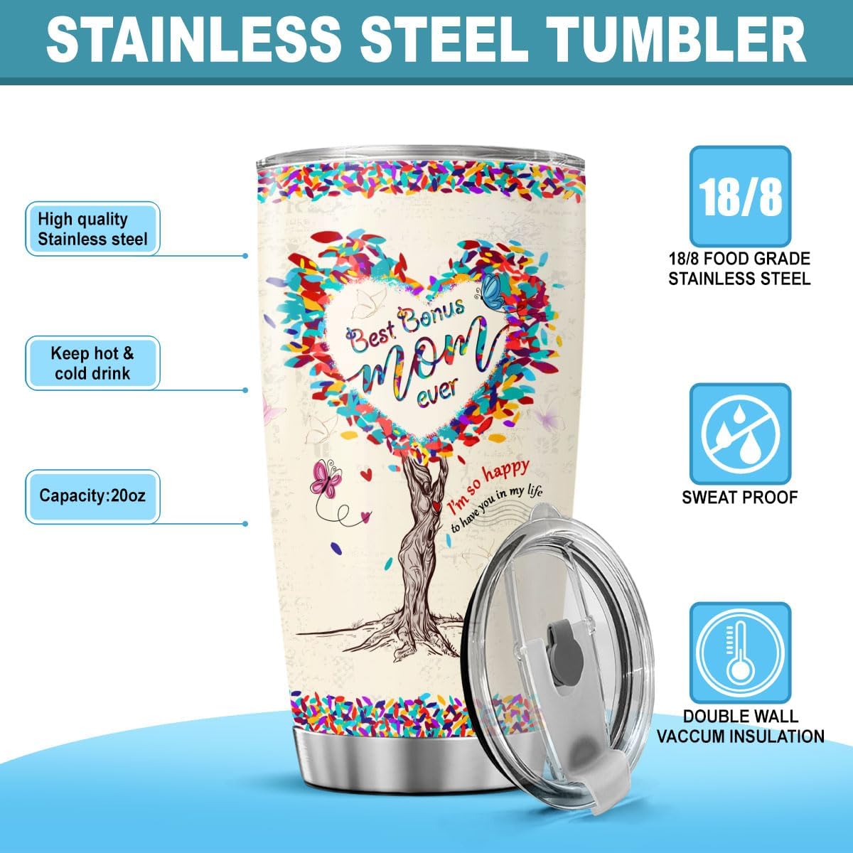 Mom Gifts, Tumblers Mothers Mother Women Coffee Ever Handle Mama Day Cups Insulated Funny For, Tumbler 20 Oz With Lid And Straw, Best Bonus Mom - Image 7