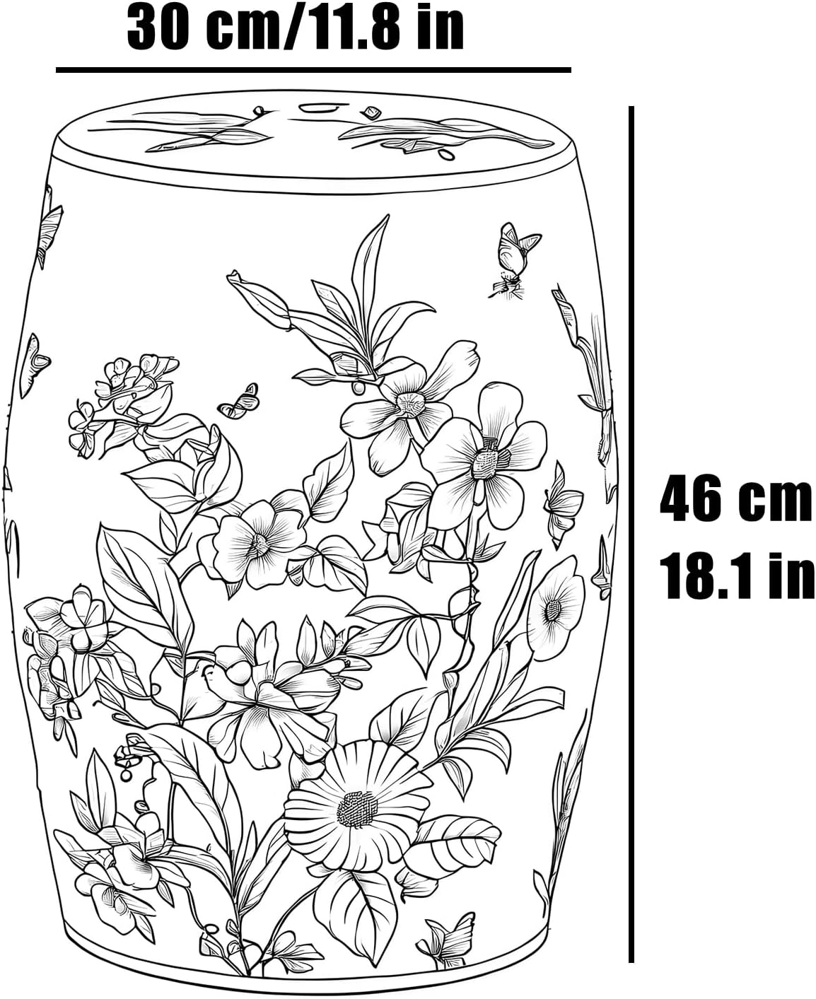 Ceramic Garden Stool,Floral Bird Drum Accent Table,Glazed Hand-Painted Design,Flower&Butterfly,Indoor/Outdoor Side Table Ottoman for Living Room, Bedroom, Patio, Bathroom