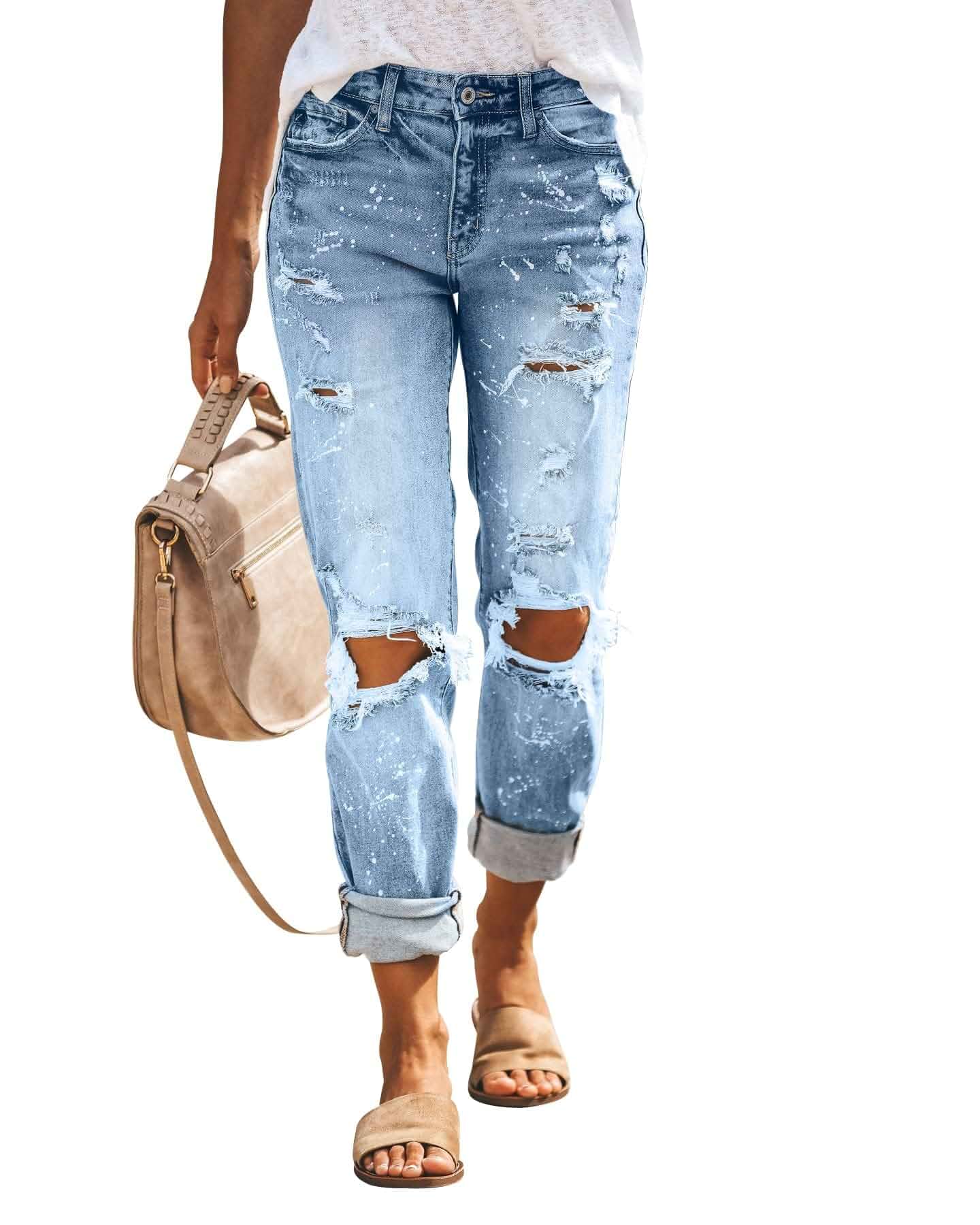 KUNMI Women's Ripped Mid Waisted Boyfriend Jeans Loose Fit Distressed Stretchy Denim Pants Jeans