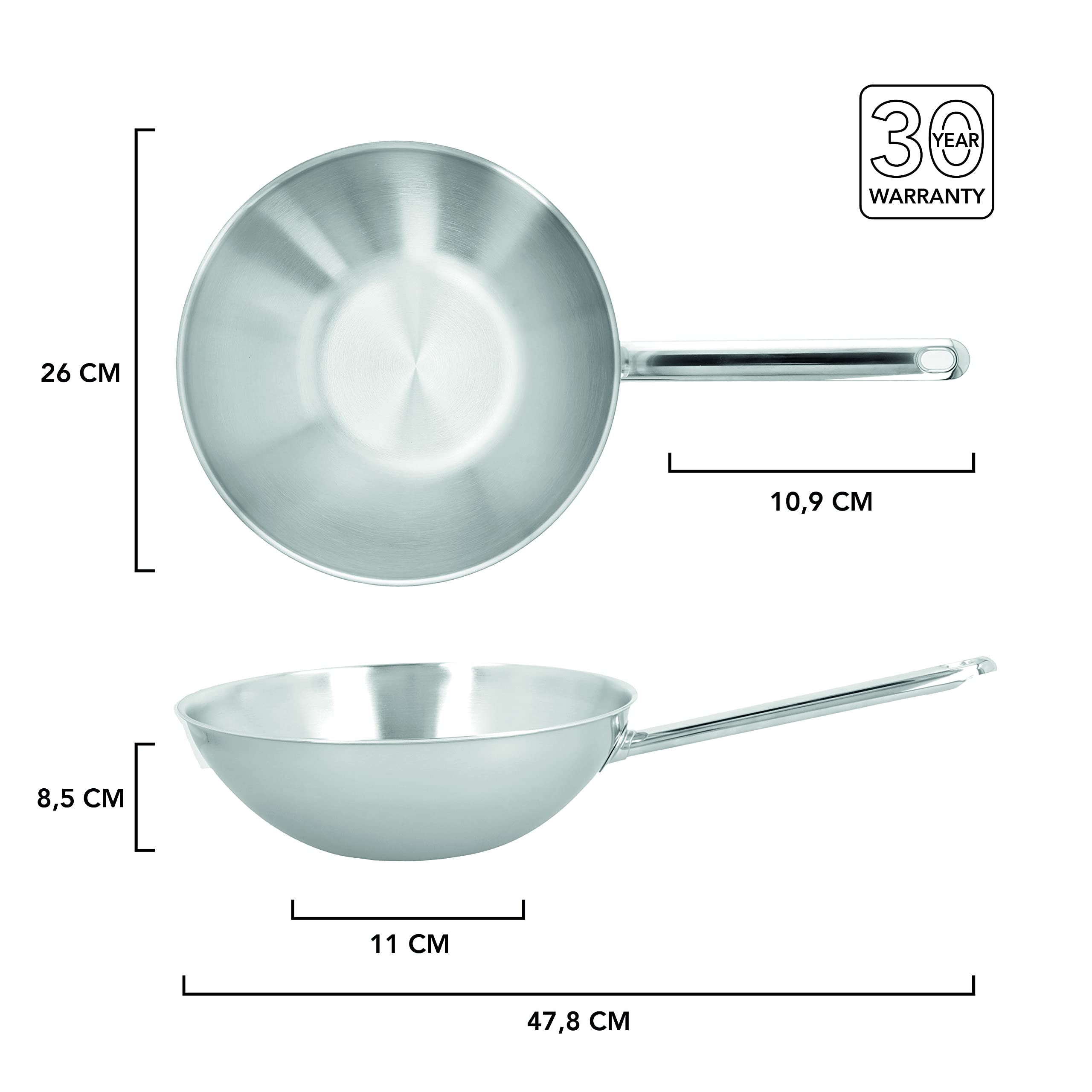demeyere Senses Hochwertiger Wok fuer Induktion und alle anderen Herdarten, Wokpfanne aus pflegeleichtem poliertem 5-lagigen Edelstahl, 30 Jahre Qualitaets-Garantie, 26 cm gross