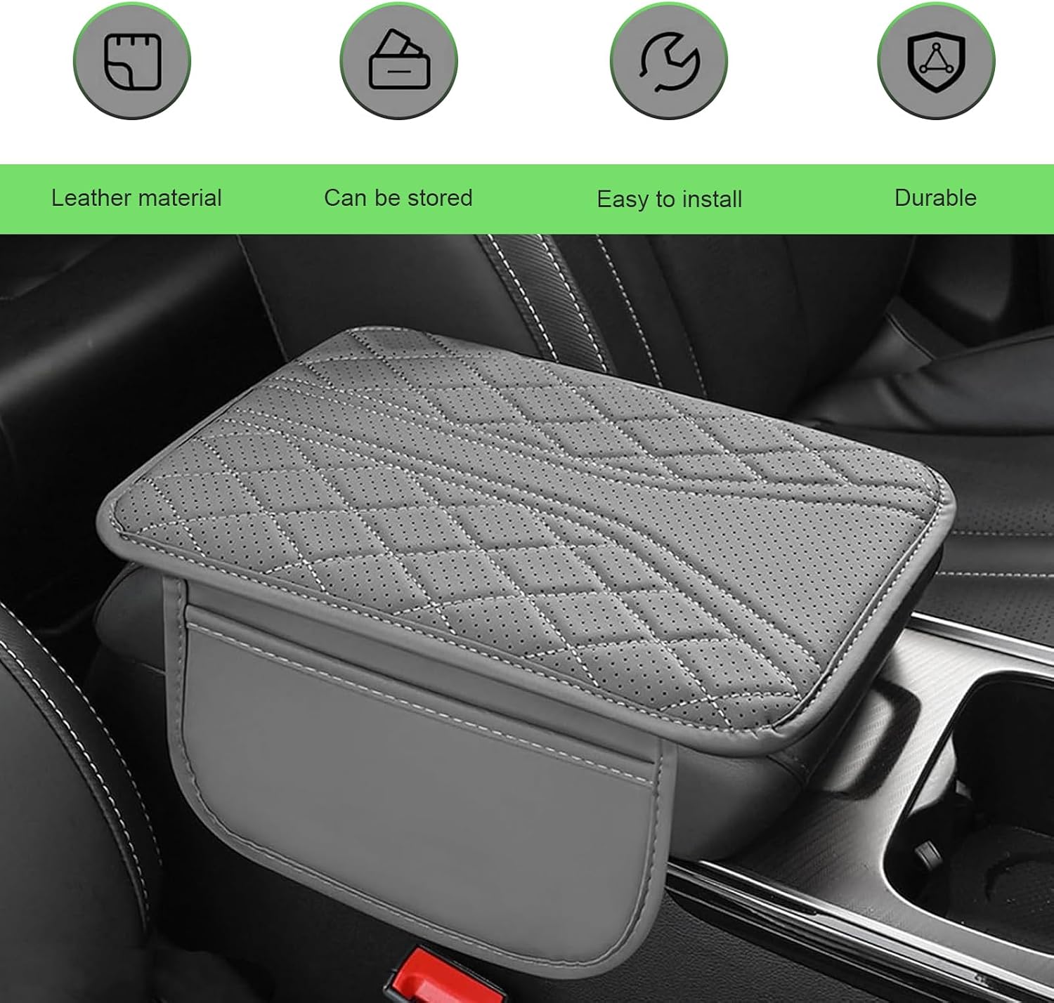 Car Center Console Cover, Leather Vehicle Armrest Protector Cushion with 2 Storage Bags, Multi-functional Breathable Arm Rest Seat Box Pad, Universal for Most Cars (Gray)