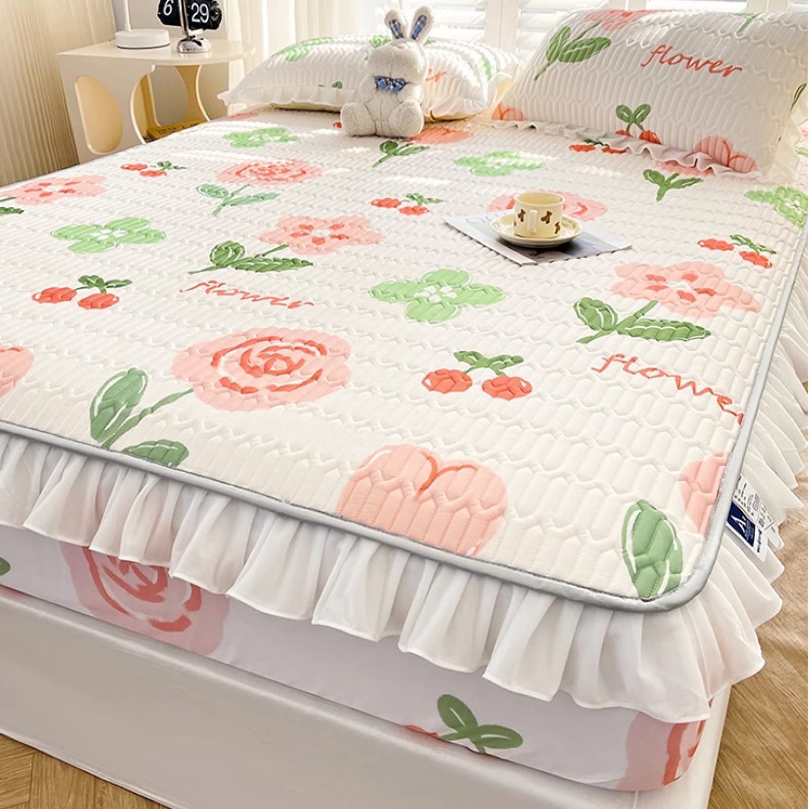 FCLDESHOP Weiche Atmungsaktivem Spannbetttuch,Sommerverdickter Latex-Bettbezug aus kühler Seide, bequemer Cartoon-Druck-Matratzenaufleger mit tiefen Taschen, Jadefarbe, 180 cm x 200 cm (71 x 79 Zoll)