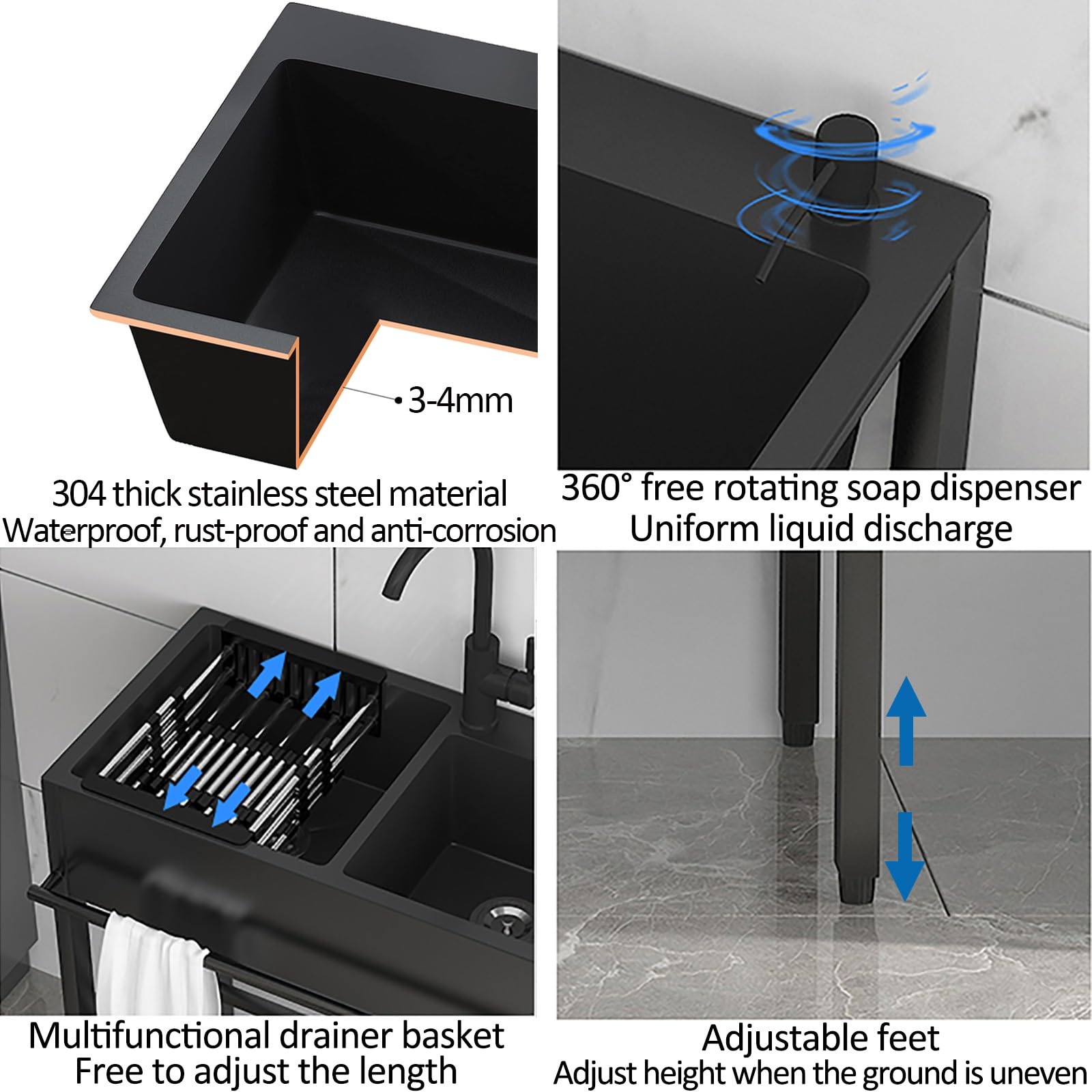 Lavello da Cucina Multiuso Singola Ciotola in Acciaio Inox Commerciale con Rubinetti, Lavandino Autoportante per Lavaggio e Preparazione, Ideale per Interni ed Esterni, Lavandini per Utilità in
