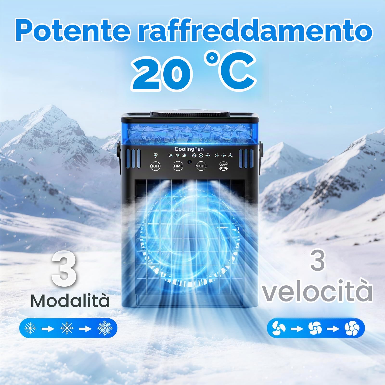 Mini condizionatore portatile con telecomando, 3 velocità e 3 nebbie, timer da 2 a 8 ore e 7 luci, per camera da letto, ufficio, ufficio