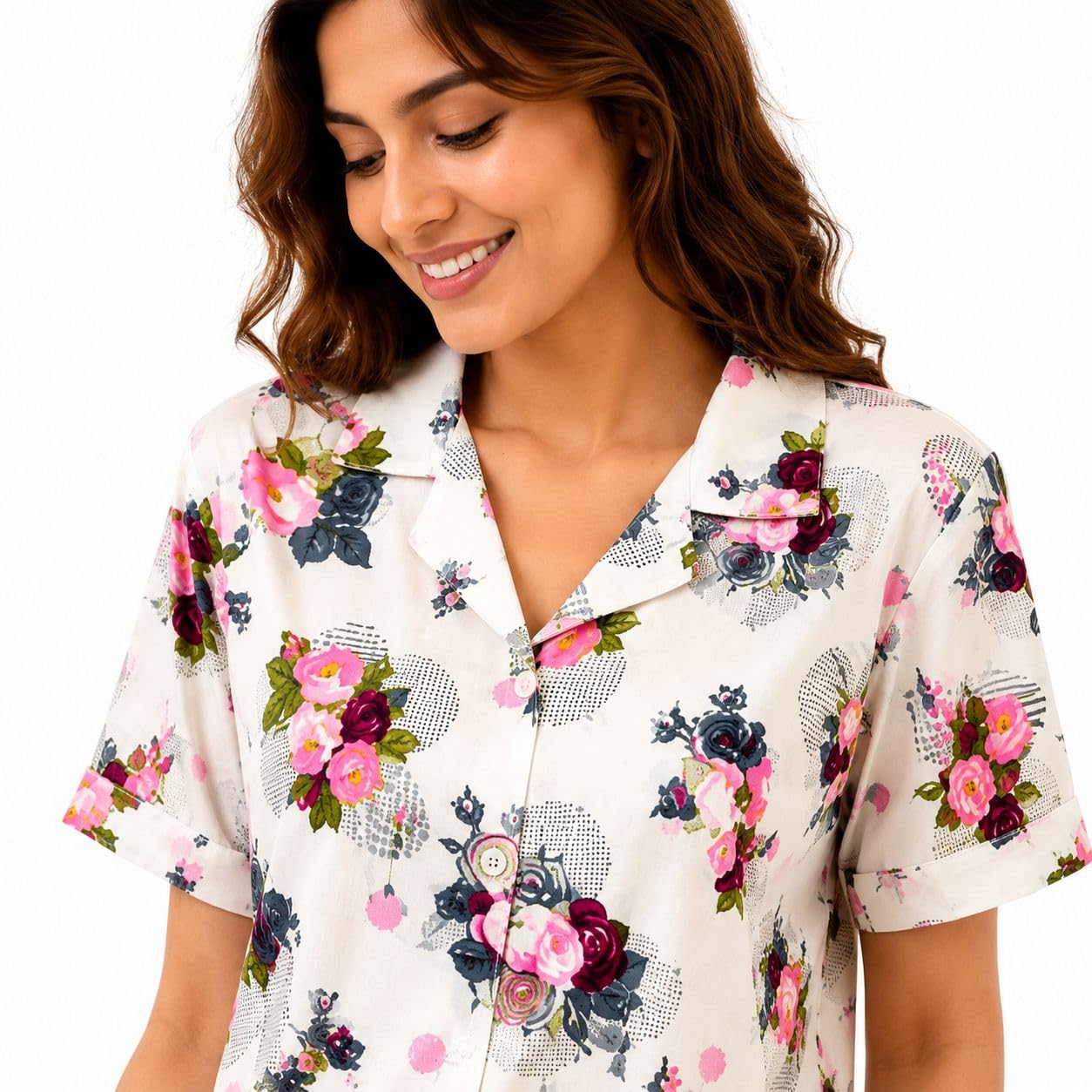 Women's Floral Print Short Sleeve Shirt Collar Nightsuit-picture-27