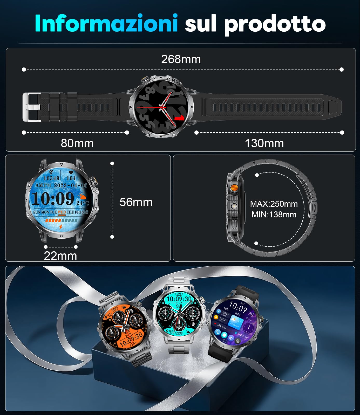 FITFLEX Smartwatch Uomo con Chiamata Bluetooth, 1,85"HD Grande Touch Screen Smart watch con 1000 mAh/luce LED/120 Modalità sportive/Frequenza Cardiaca/Monitor del Sonno/IP68 Impermeabile, Android IOS