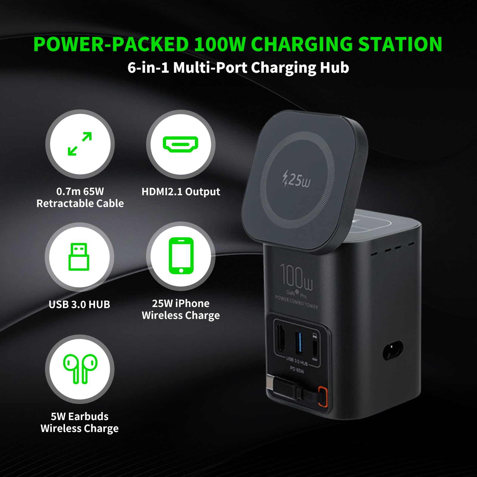 Stazione di ricarica da tavolo multifunzione da 100 W con caricabatterie wireless, hub USB 3.0, cavo USB-C retrattile da 75 cm e HDMI 2.1, ricarica rapida PD 65 W per telefoni, auricolari, tablet