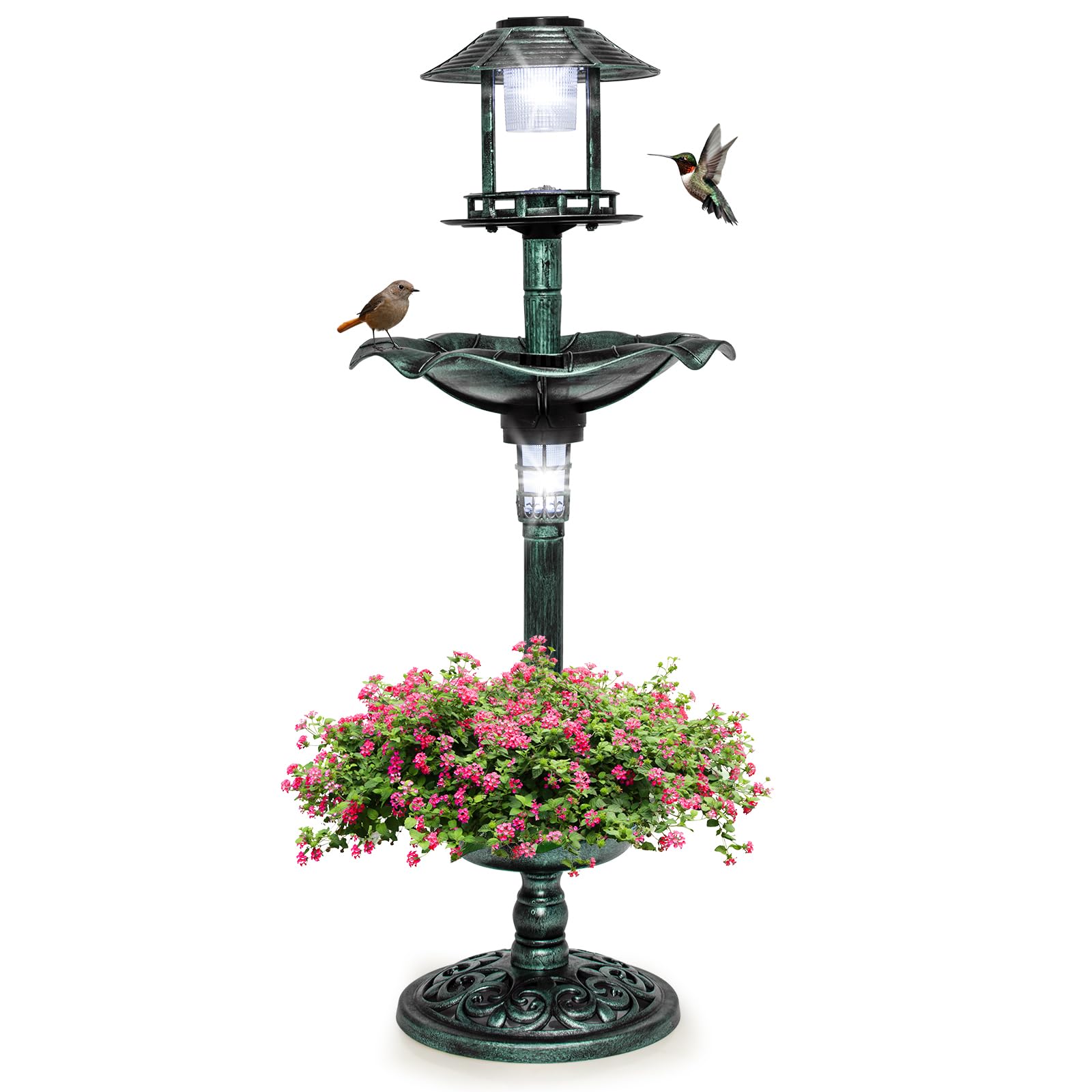 GYMAX Comedero y Baño para Pájaros Exterior, Bebedero Pajaros con 2 Lámparas Alimentadas por Energía Solar, Macetero de Flores, Soporte Rellenable, Bañeras para Decorativas de Jardín y Bosque
