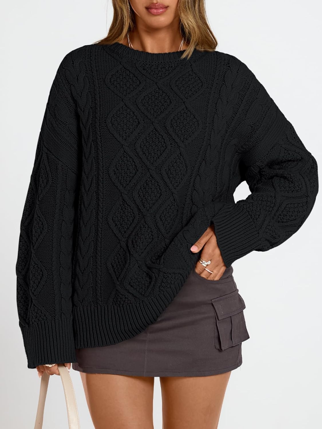 Trendy Queen Women's Oversized Cable Knit Crewneck Sweaters Cozy Winter Clothes - Image 2