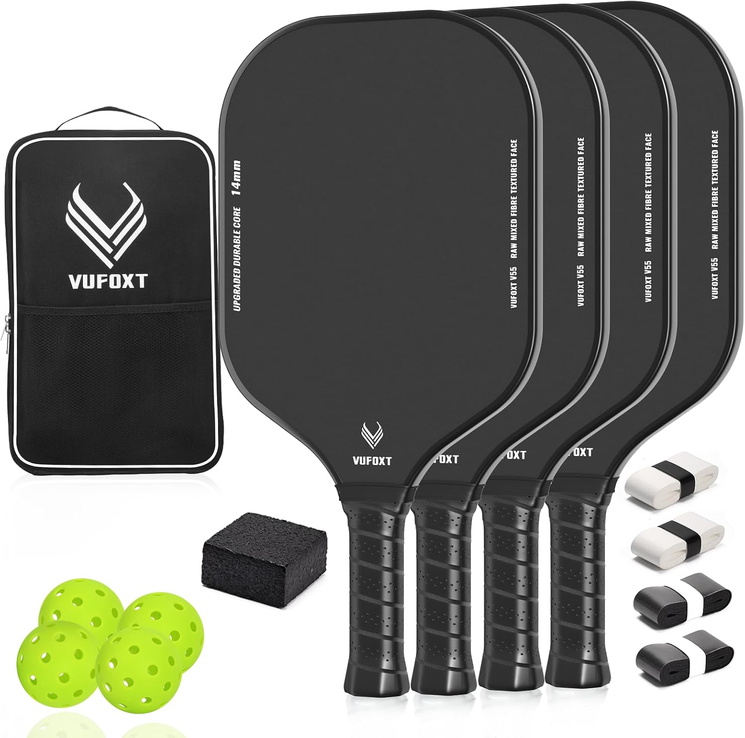 Pickleball Paddles Set of 4, Lightweight Raw Carbon and Glass Fiber Surface Pickleball Racket Set with 14mm PP Honeycomb Core, USAPA Compliant, 4 Pickle Balls, 4 Tapes, 1Bag, 1 Paddle Cleaner