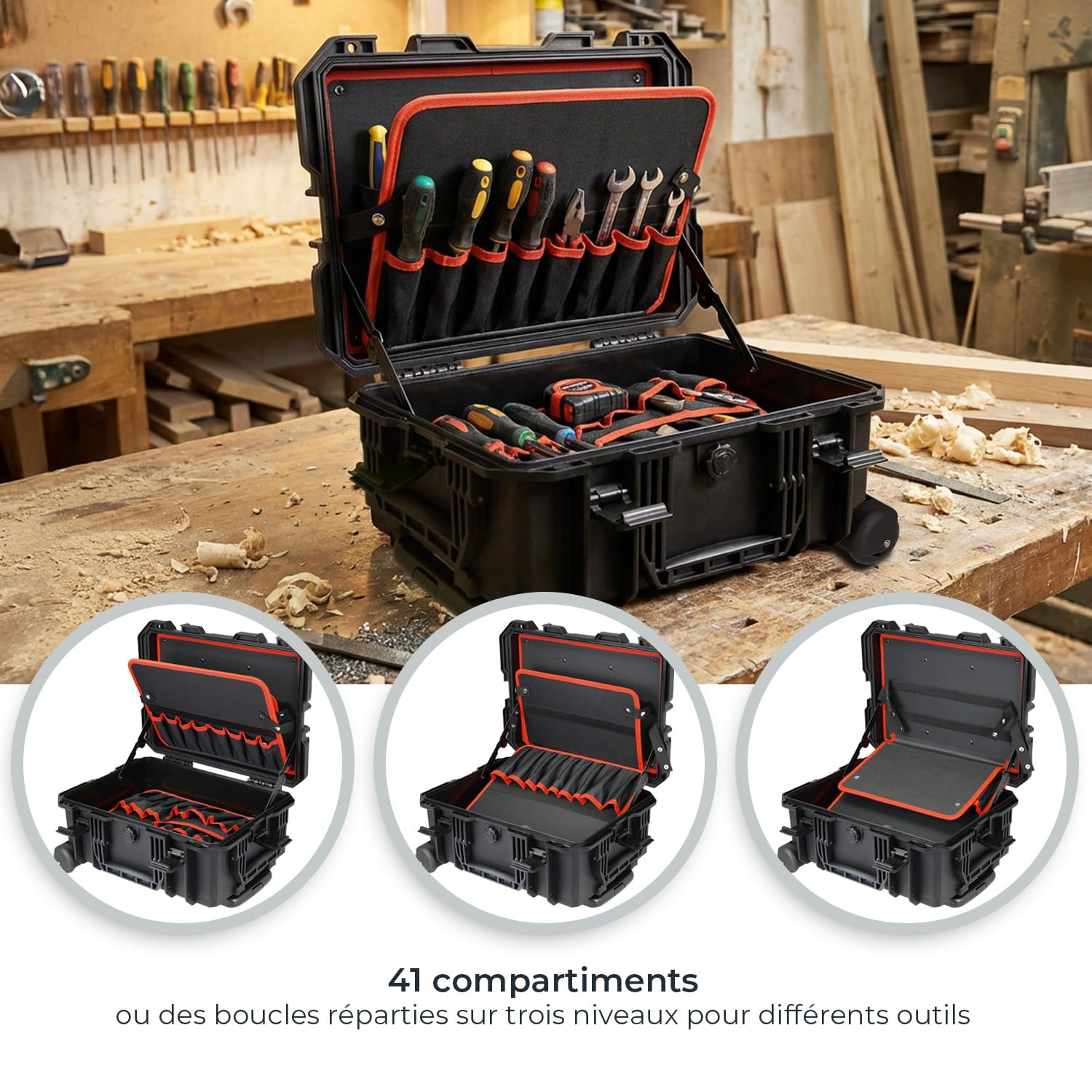 HMF 15604-02 Chariot à outils d'extérieur, coffre à outils vide avec roulettes | 46,5 x 36 x 22,5 cm